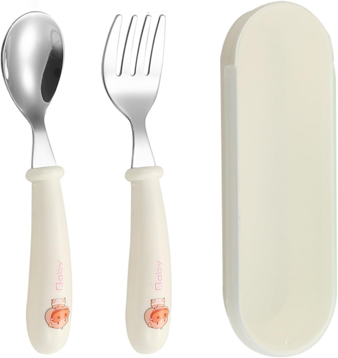 Yeanifeana Stainless Steel Fork and Spoon Set with Travel Case, Durable, Dishwasher Safe Utensils Perfect for Learning to Use (Bear)