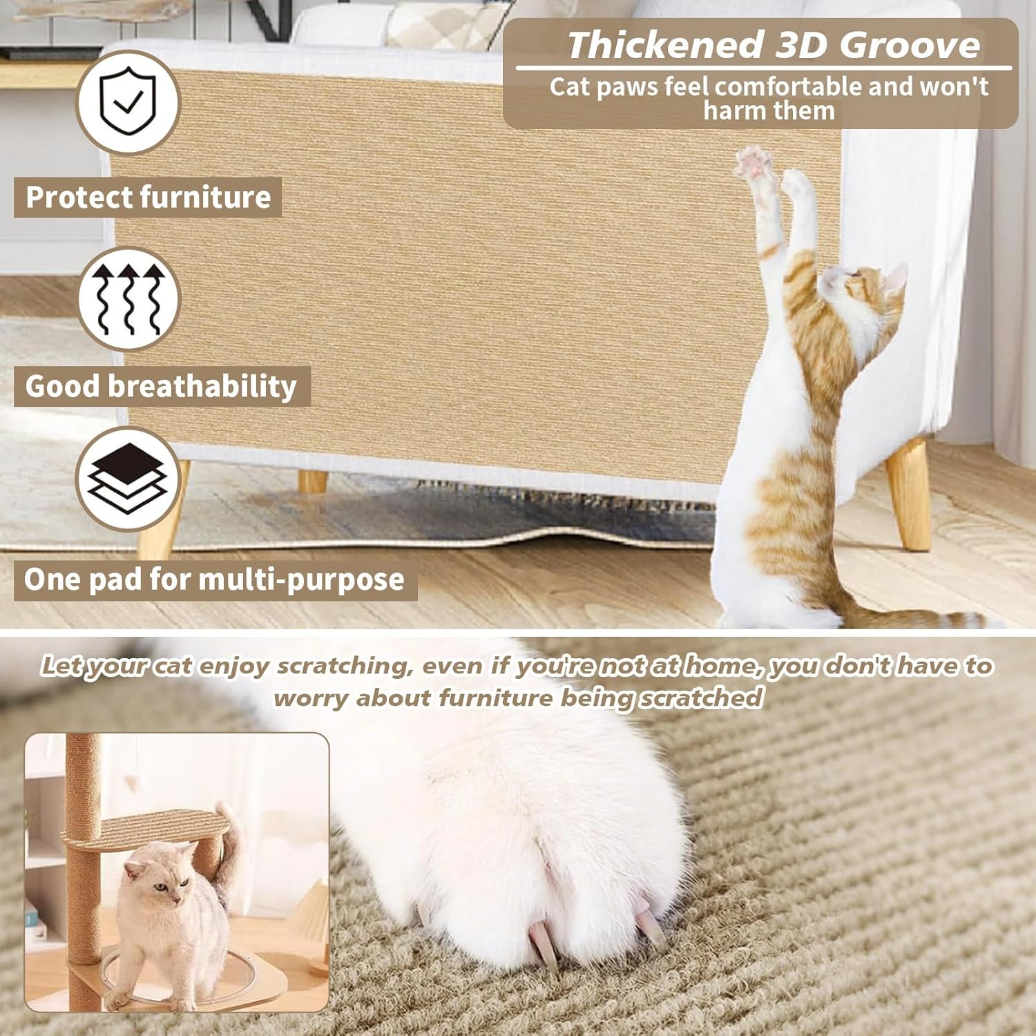40&times;200Cm Cat Scratch Furniture Protector, Large Cat Scratching Mat, Couch Carpets Protector, Self Adhesive Trimmable DIY Cat Scratch Pad, Durable Cat Tree Replacement Scratching Boards (Dark Grey) - Khaki image number 3