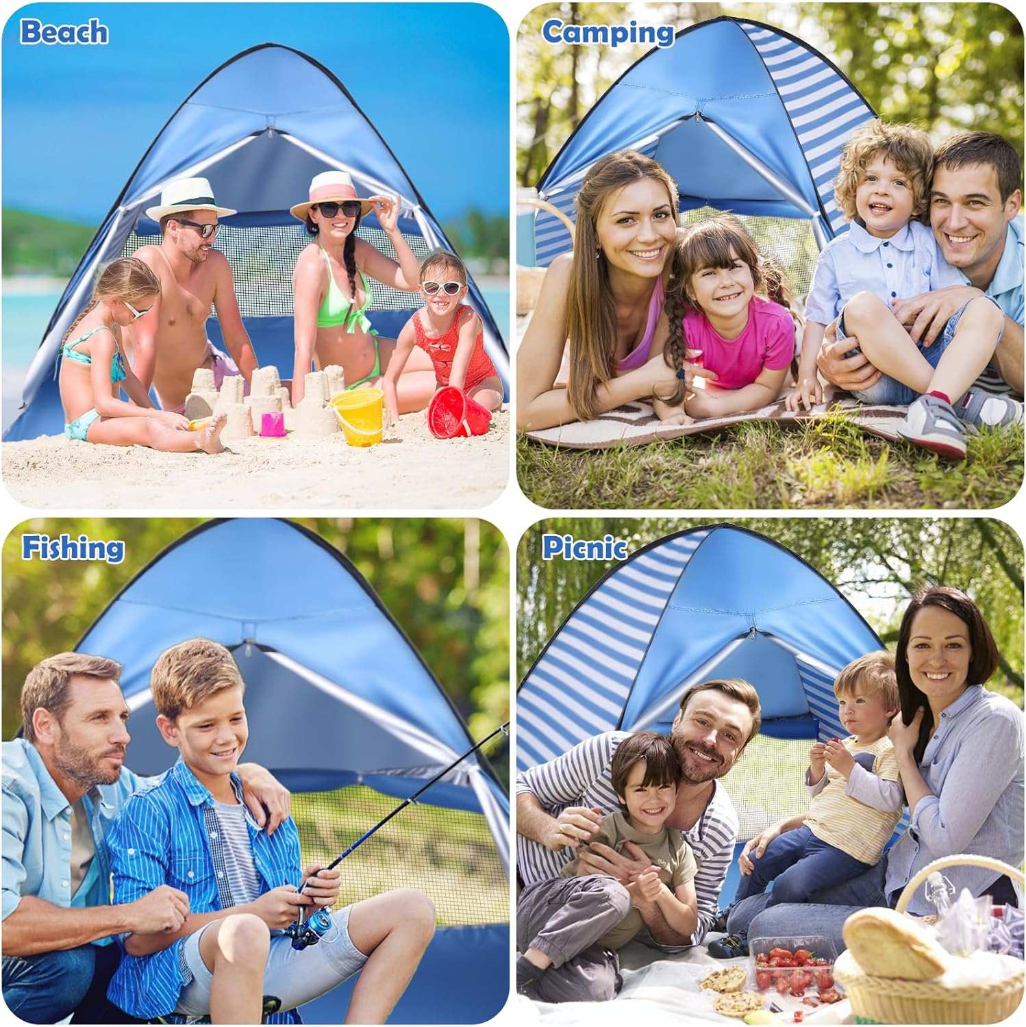 Beach Tents 3-4 Person Pop up Beach Tent Anti-Uv Beach Shade Portable Sun Shelter Foldable Instant Automatic Pop up Tent Easy Set up and Carry Beach Umbrella (Curtain Striped Blue) image number 6