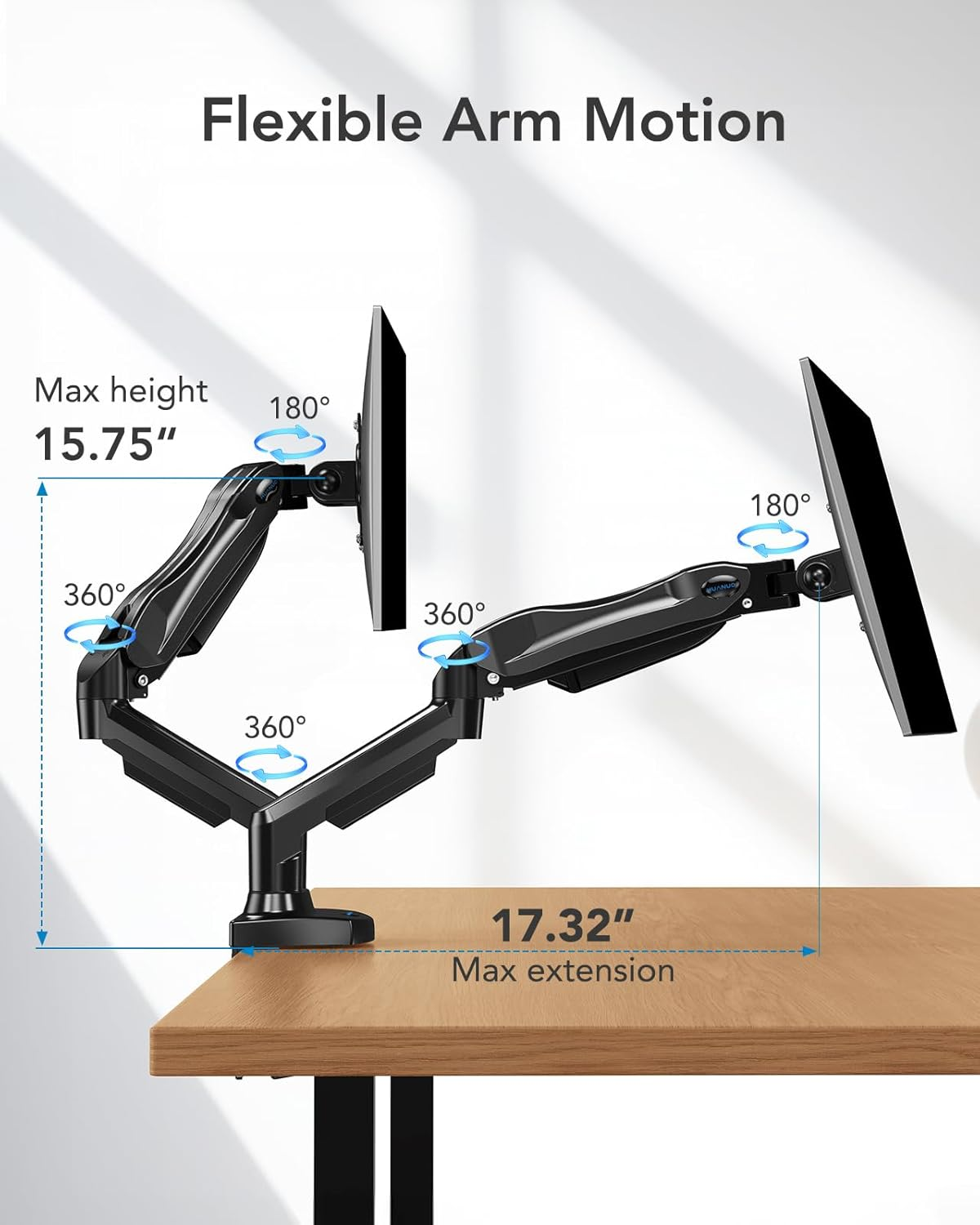 HUANUO Dual Monitor Stand - Full Adjustable Monitor Desk Mount Swivel Vesa Bracket with C Clamp, Grommet Mounting Base for 13 to 32 Inch Computer Screens - Each Arm Holds 4.4 to 19.8Lbs image number 6