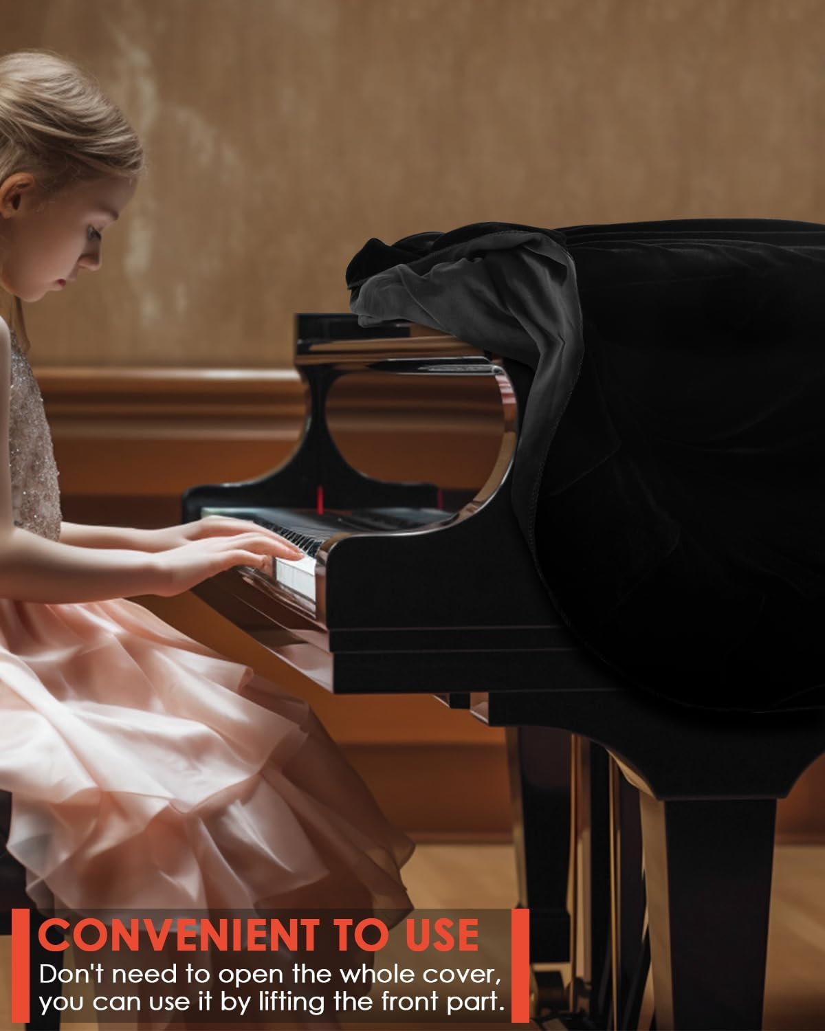 TINDTOP Grand Piano Cover, Velvet Dustproof Baby Piano Cover Washable Soft Bordered Decorated Full Triangle Piano Protective Cover image number 1