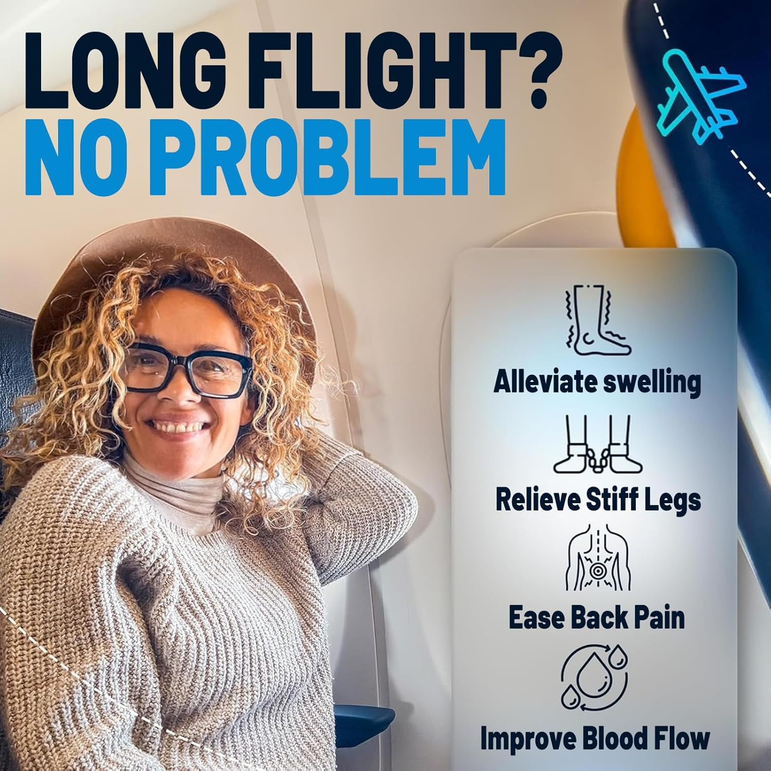 Blueskye Adjustable Travel Foot Rest & Hanging Foot Hammock - Portable, Foldable for Airplane, Office, Car & Home Use - Anti-Swelling, Soft Padded with Removable Rigid Base - Ideal for Long Flights & Desk Work