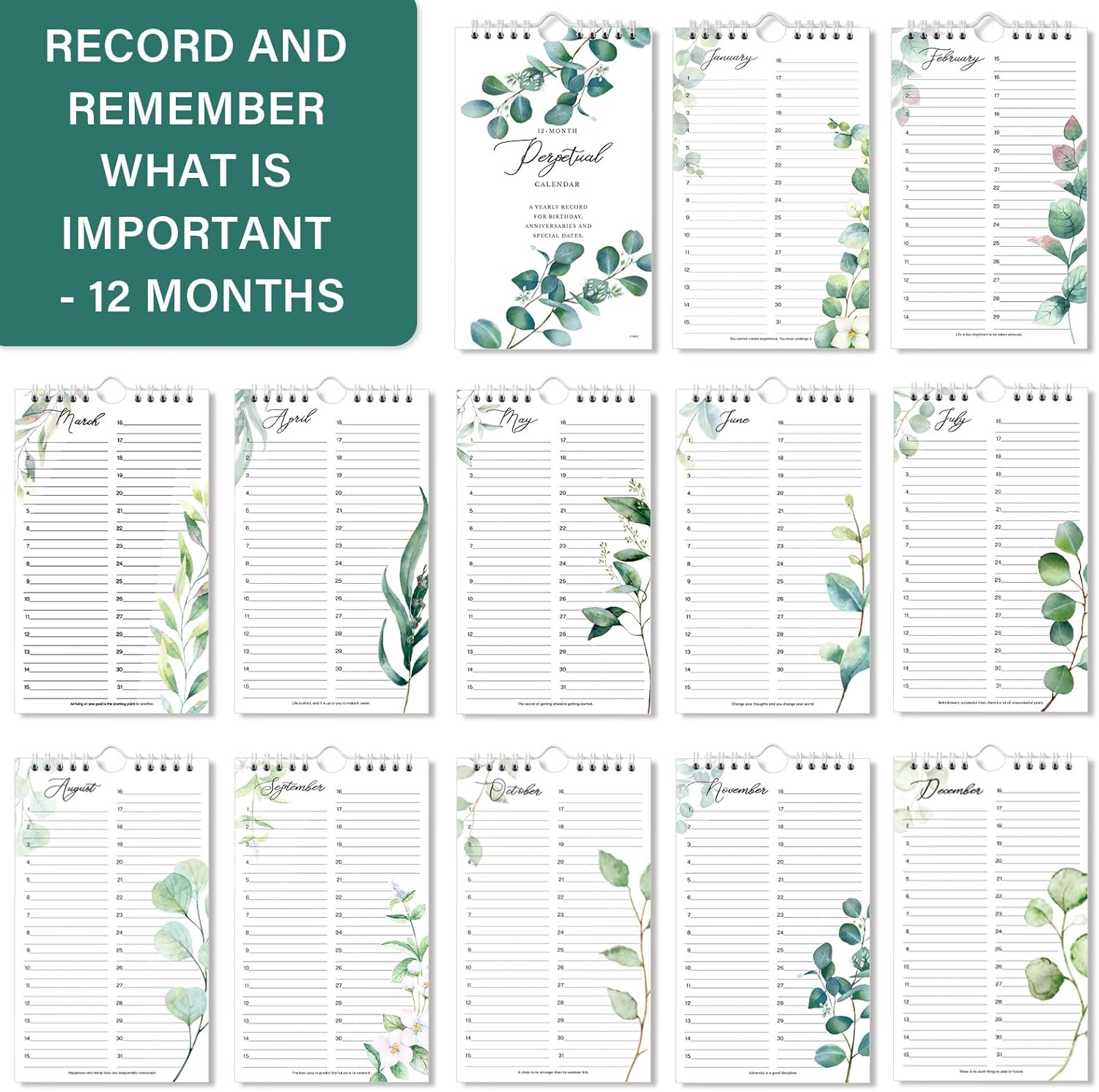 Perpetual Calendar - 12-Month Undated Calendar from Jan. to Dec., 6'' X10'' Perpetual Calendar with 2 Lines per Days, Reminding Anniversaries, Birthdays, Festivals, Birthday Reminder Book with Thick - Green Leaves image number 2