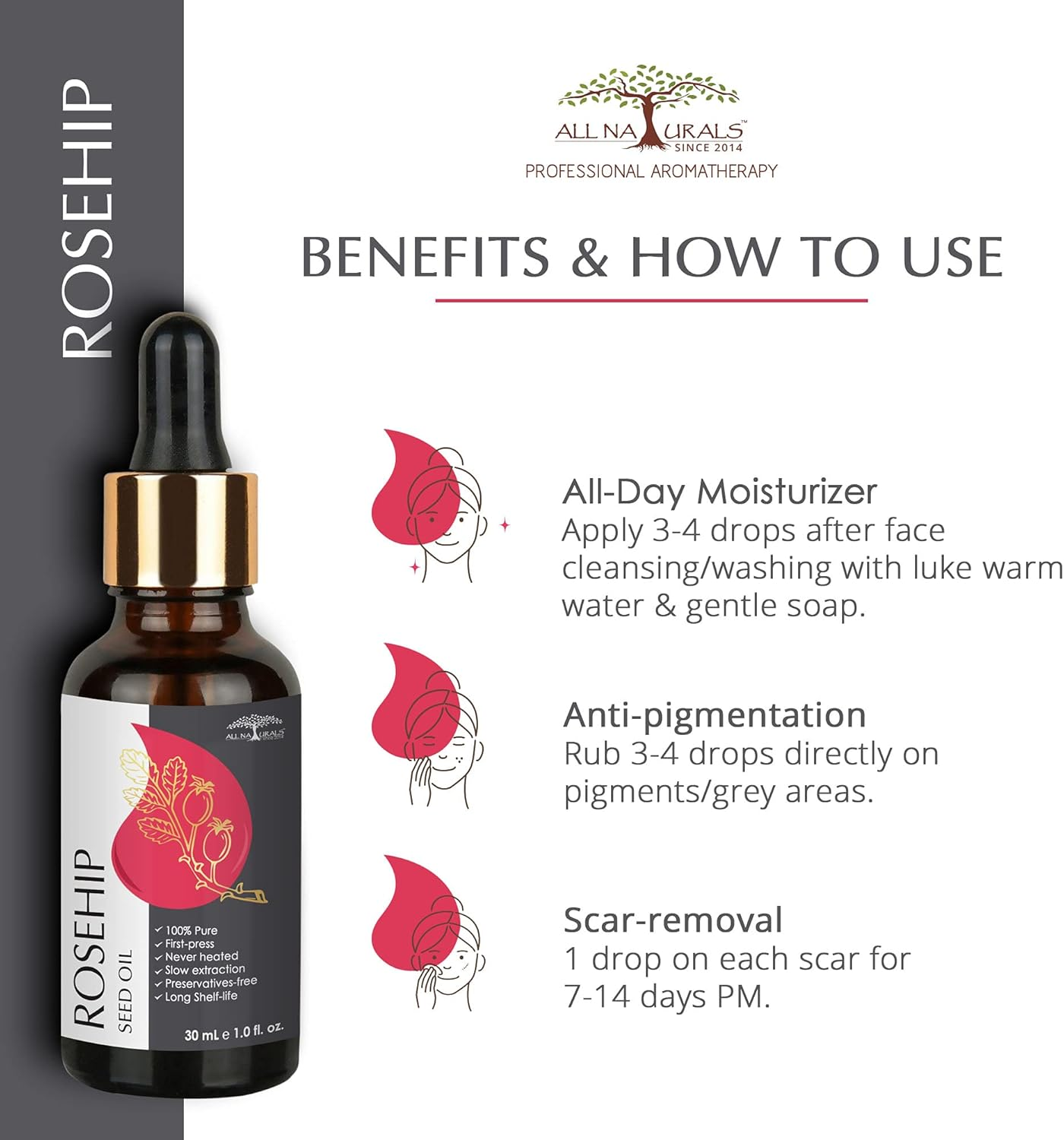 All Naturals 100% Pure Rosehip and Grapeseed Oil Combo (30Ml Each) for Hair, Skin & Face image number 2