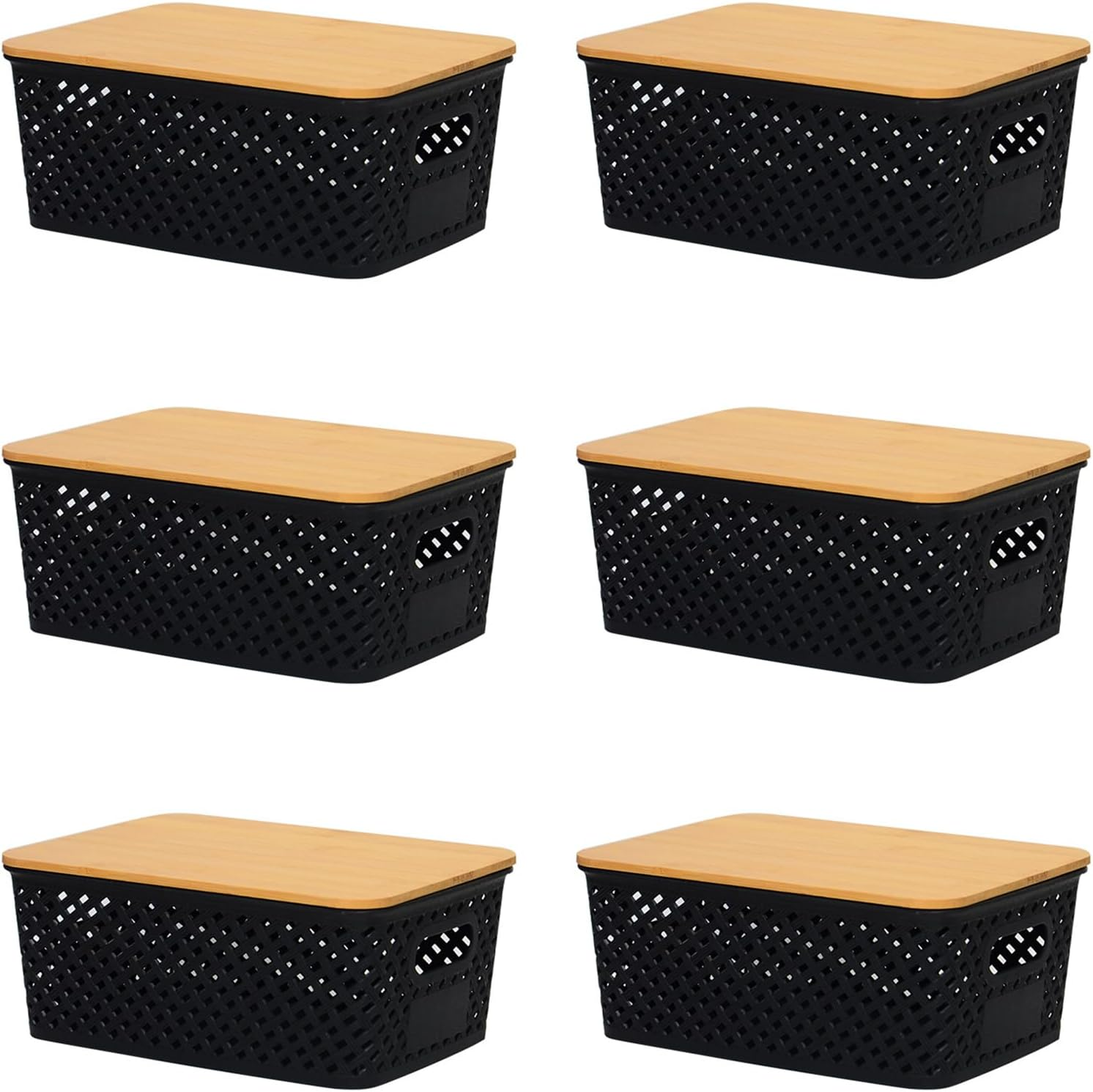 6-Pack Plastic Storage Baskets, Stackable Weave Baskets, Household Sundries Storage Baskets for Organizing Closets, Cabinets, Pantries, Shelves and Countertop Space (6 Pack-White-Plastic Lid)
