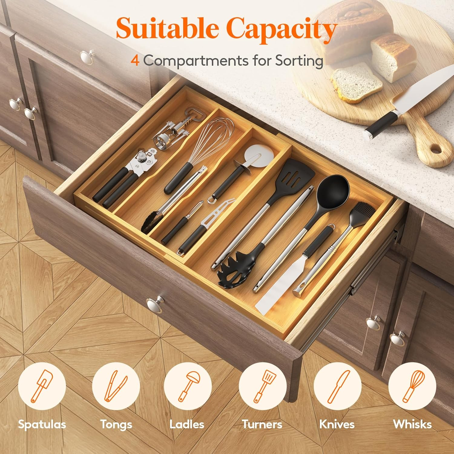 Lifewit Utensil Drawer Organizer, Expendable Cooking Silverware Tray for Kitchen Drawer, Bamboo Adjustable Cutlery Flatware Holder, Spatula Tools and Gadgets Storage Divider, 4 Compartments, Natural image number 3