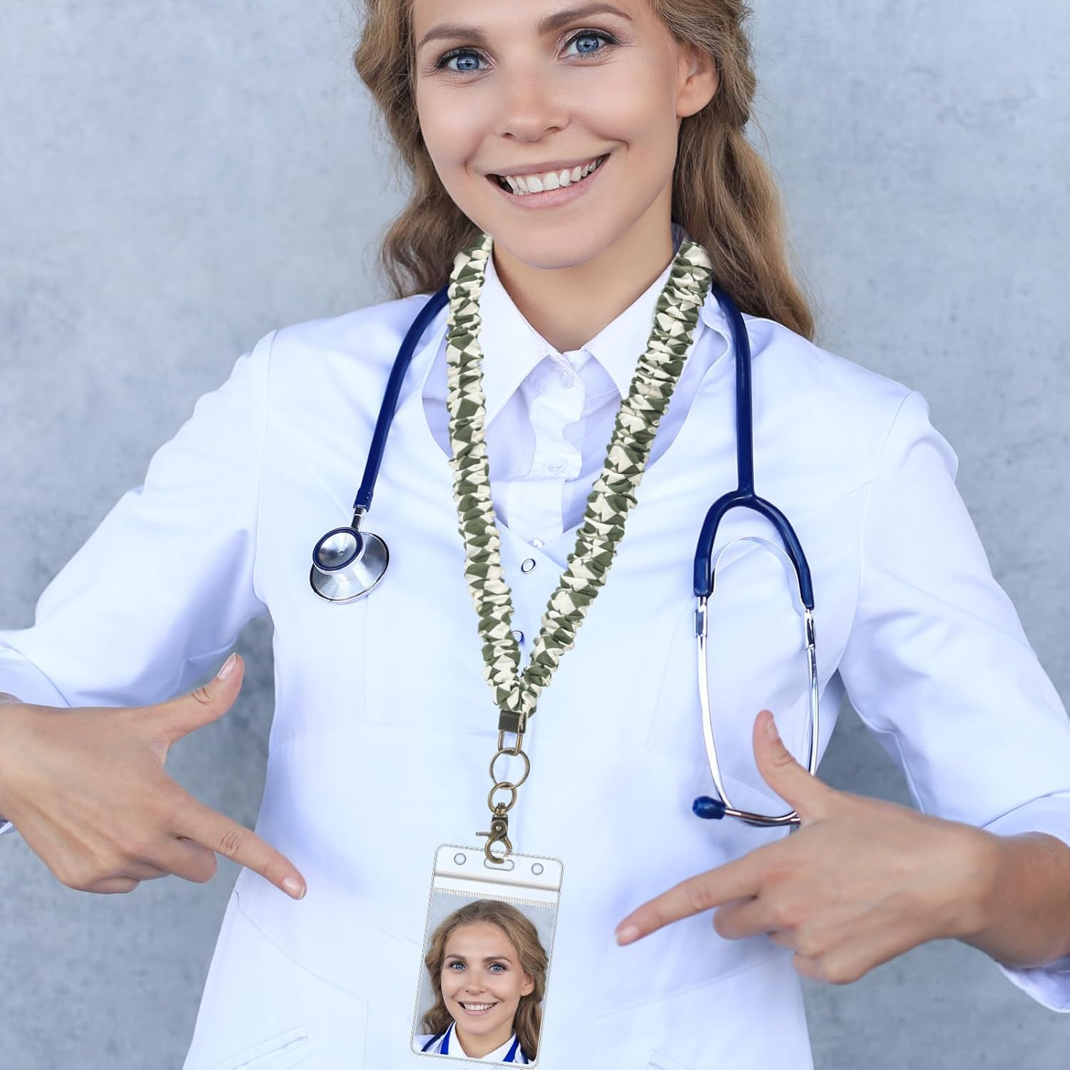 Marspark 2 Set Scrunchie Lanyards with 4 Card Holders for ID Badges and Keys Cute Stretchy Scrunchie Neck and Wrist Lanyards for Teacher Women Nurses School Office Supplies(White Green, Checked) image number 2