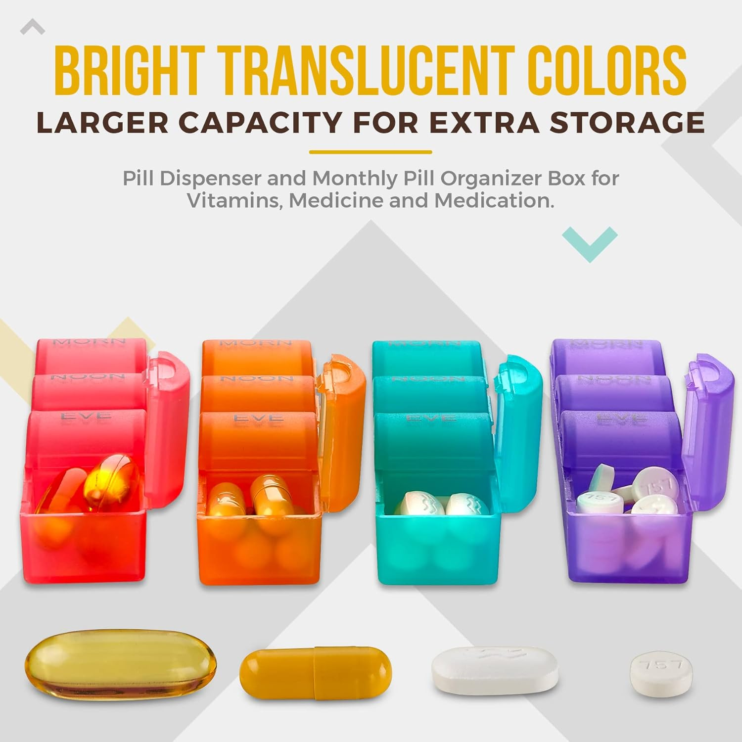 Month Pill Box Organizer - 4 Times-A-Day Morning-Noon-Evening-Night - Large 32 Daily Pill Cases with Compartments for Vitamins, Supplements, Medication -Travel Monthly Pill Organizer, Rainbow image number 3