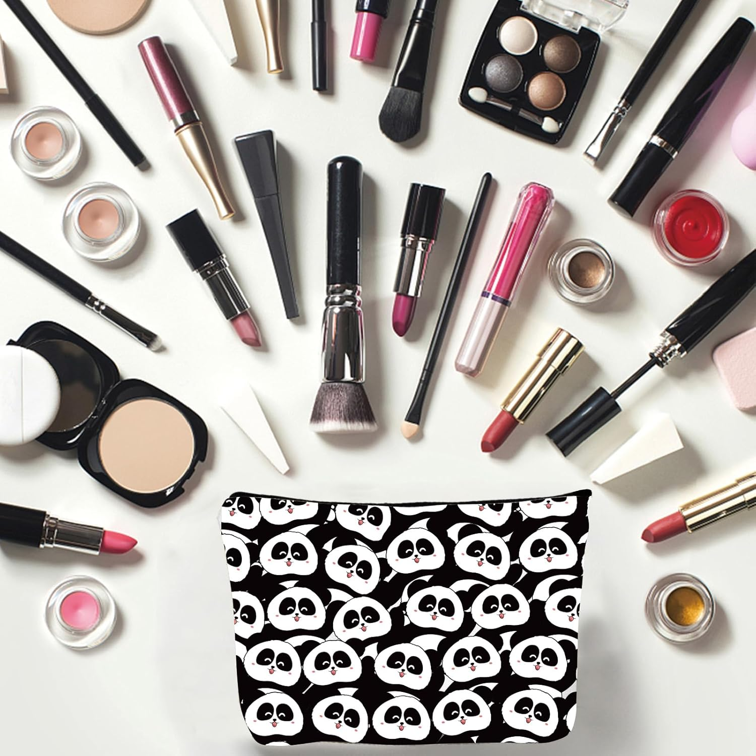 CREATCABIN Panda Makeup Bags Canvas Cosmetic Bag Black White Multi Purpose Case Zipper Pouches Toiletry Travel Storage Purse Portable Storage for Women Graduation Panda Gifts 10X7Inch image number 2