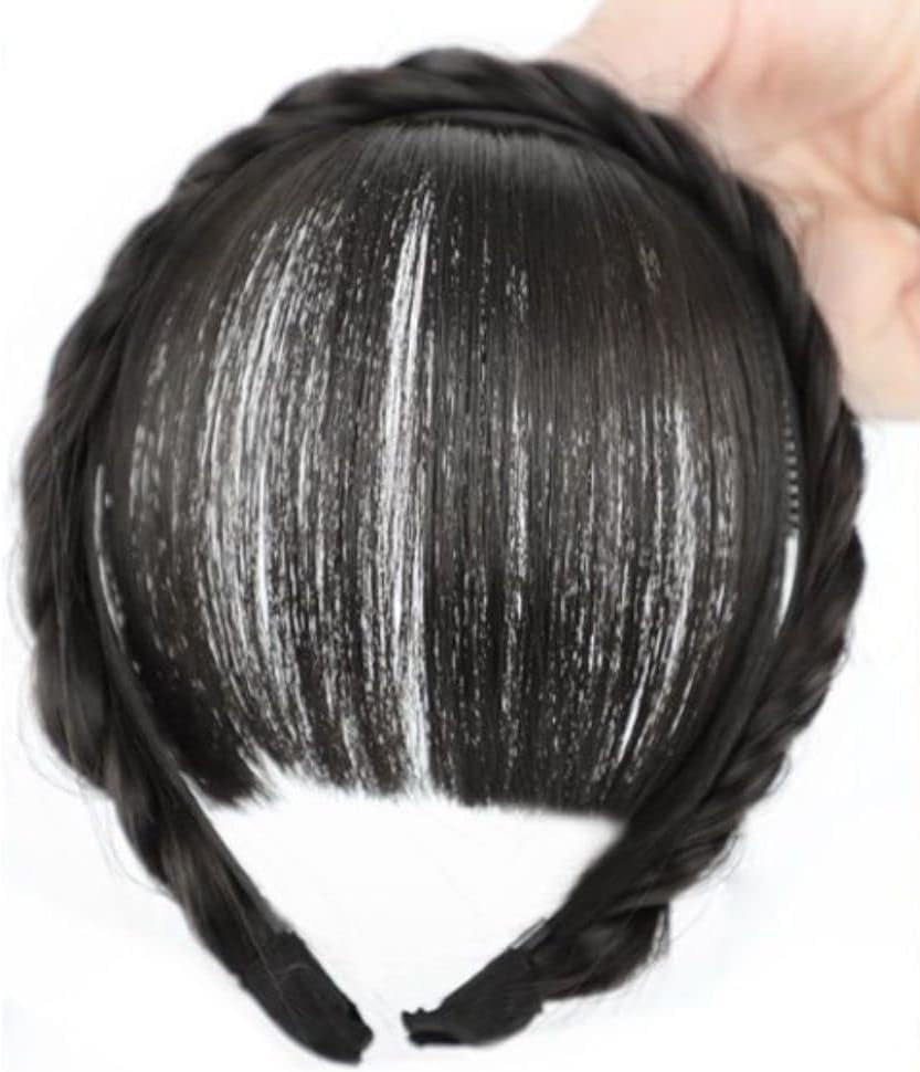 Wyjuan Black Fluffy Fake Hair Band Bangs with Sideburns, Heat Resistant Synthetic Wig, Trendy Braid Headband Hair Accessory, Invisible Band, One Size image number 1