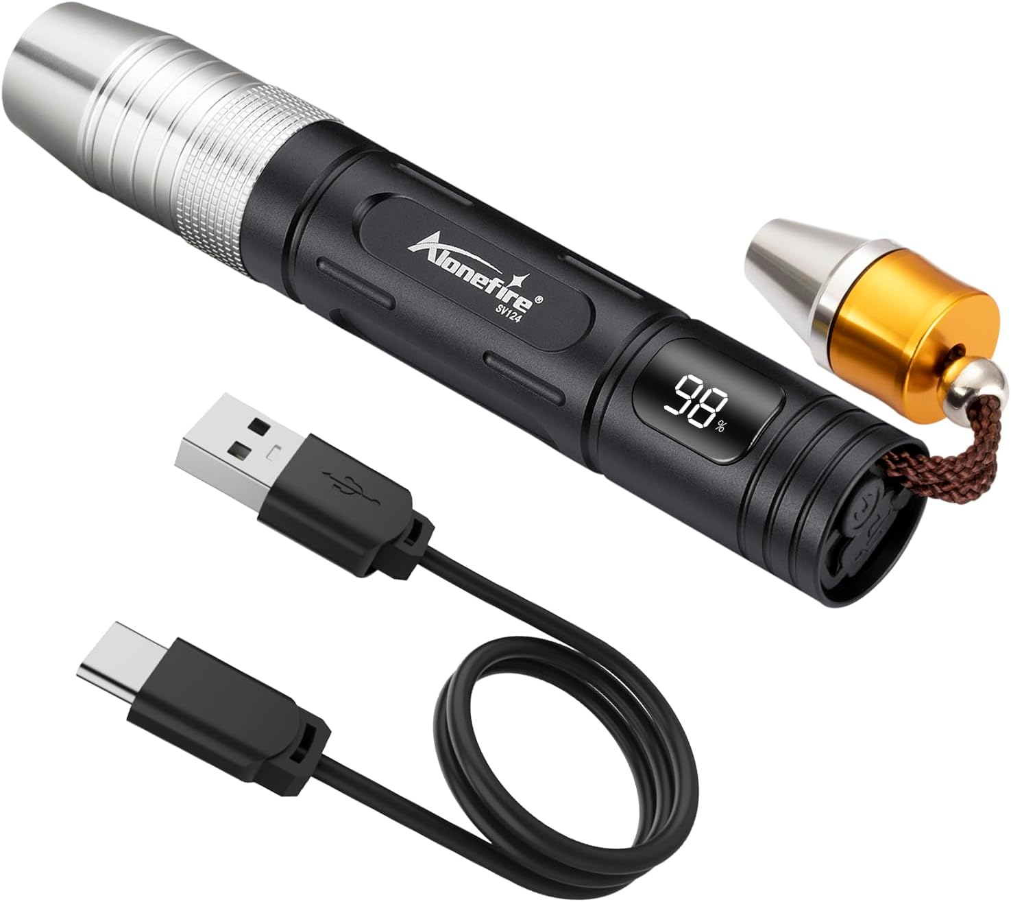 Alonefire SV124 EDC Flashlight Mini 365Nm/395Nm UV Blacklight, Yellow and White Light Digital Display USB C Rechargeable Pet Urine Detector for Rocks Gemstone with Little Focusing Tip,Built-In Battery image number 6