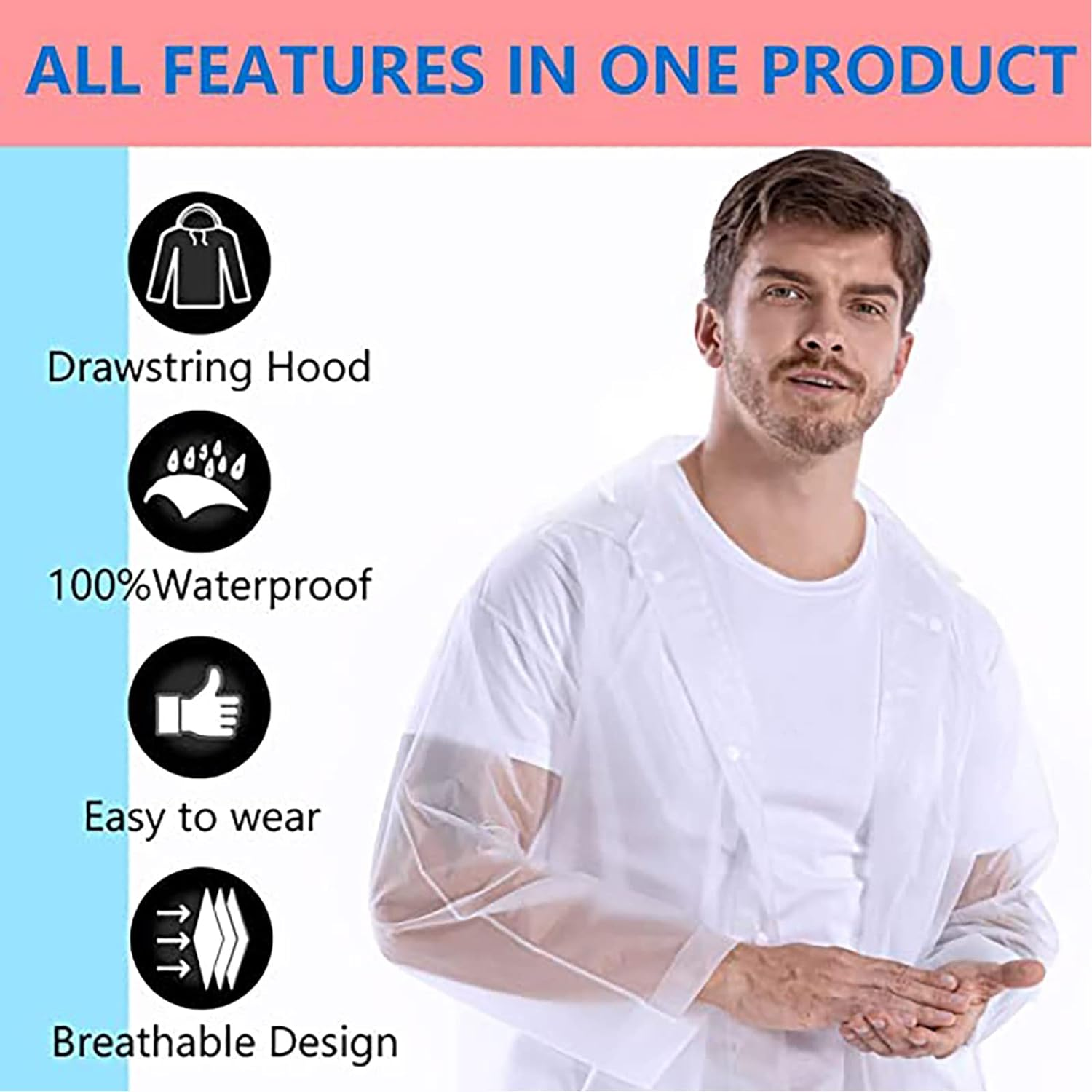EVA Rain Poncho, 2 Pcs Raincoat for Women Men, with Hood，Reusable EVA Rain Ponchos Raincoat - Black+White image number 7
