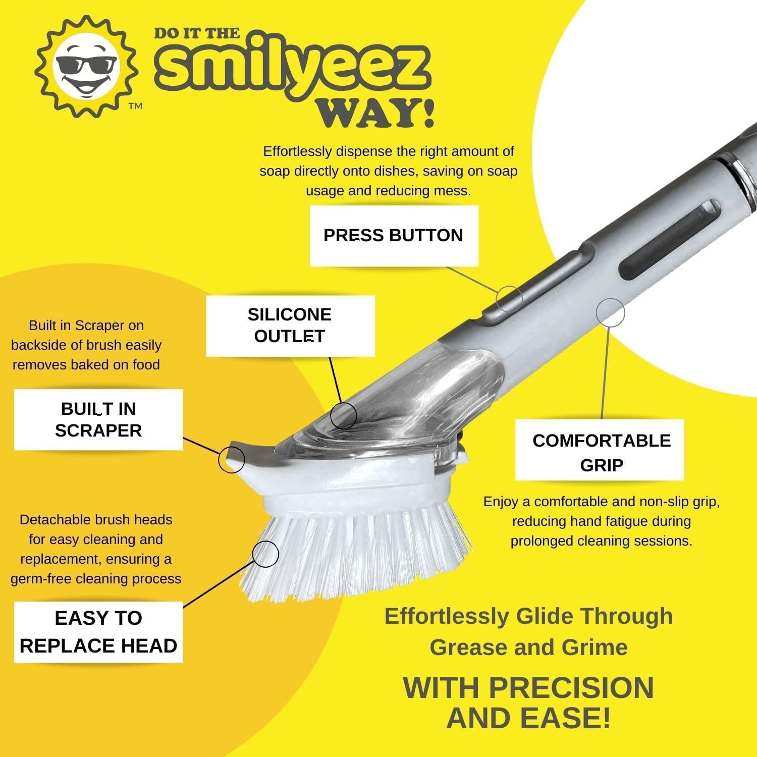 The Original Smiling Handle with Soap Dispensing by Smilyeez for the Smiling Sponge & Smilyeez Dishwand Combo (White/Grey)