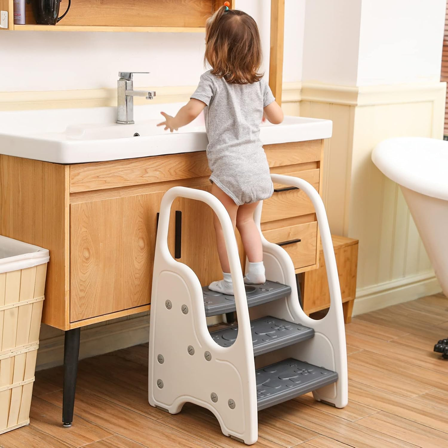 3 Step Stool with Handle for Toddler and Kids,Standing Tower for Bathroom Sink, Potty Training, Children Step up Learning Helper with Handles and Safety Non-Slip Pads(Gray) image number 1