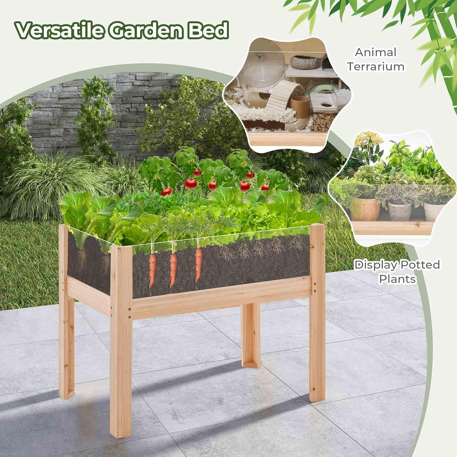 Costway Wooden Raised Garden Bed, 75Cm X 46Cm X 61Cm Elevated Wood Planter Box with Legs, Drainage Holes, Acrylic Panels, Garden Planter for Fruits Vegetables Flowers Herbs, Natural image number 4
