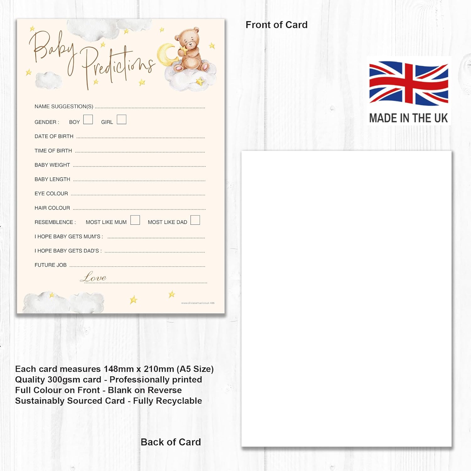 20 X A5 Baby Prediction Cards Teddy Bear Themed Baby Shower Game &ndash; Unisex &ndash; Made in the UK image number 5