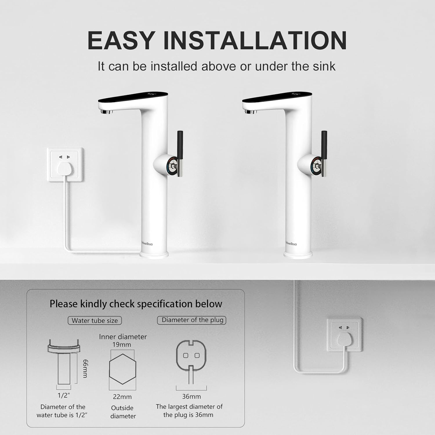 Briwellna Instant Basin Faucet, 220V Electric Tankless Water Heater with Digital Display, Electric Bathroom Tap (White) image number 1