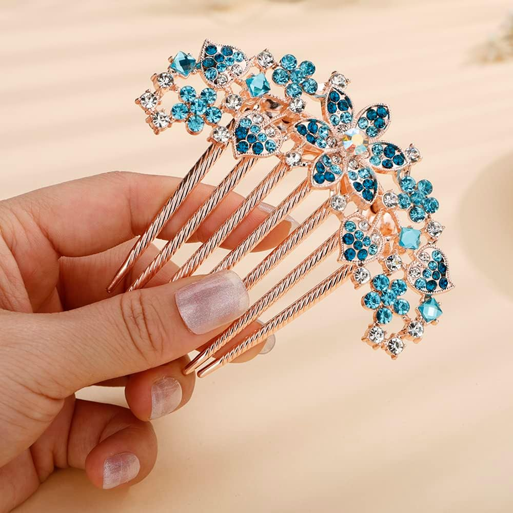 Jumwrit Crystal Bride Wedding Hair Comb Love Heart Leaf Colorful Rhinestone Flower Hair Side Comb Rose Gold Hair Clip Comb Floral Vintage Bridesmaid Headpiece Bridal Hair Jewelry for Women Girls(Blue) image number 2
