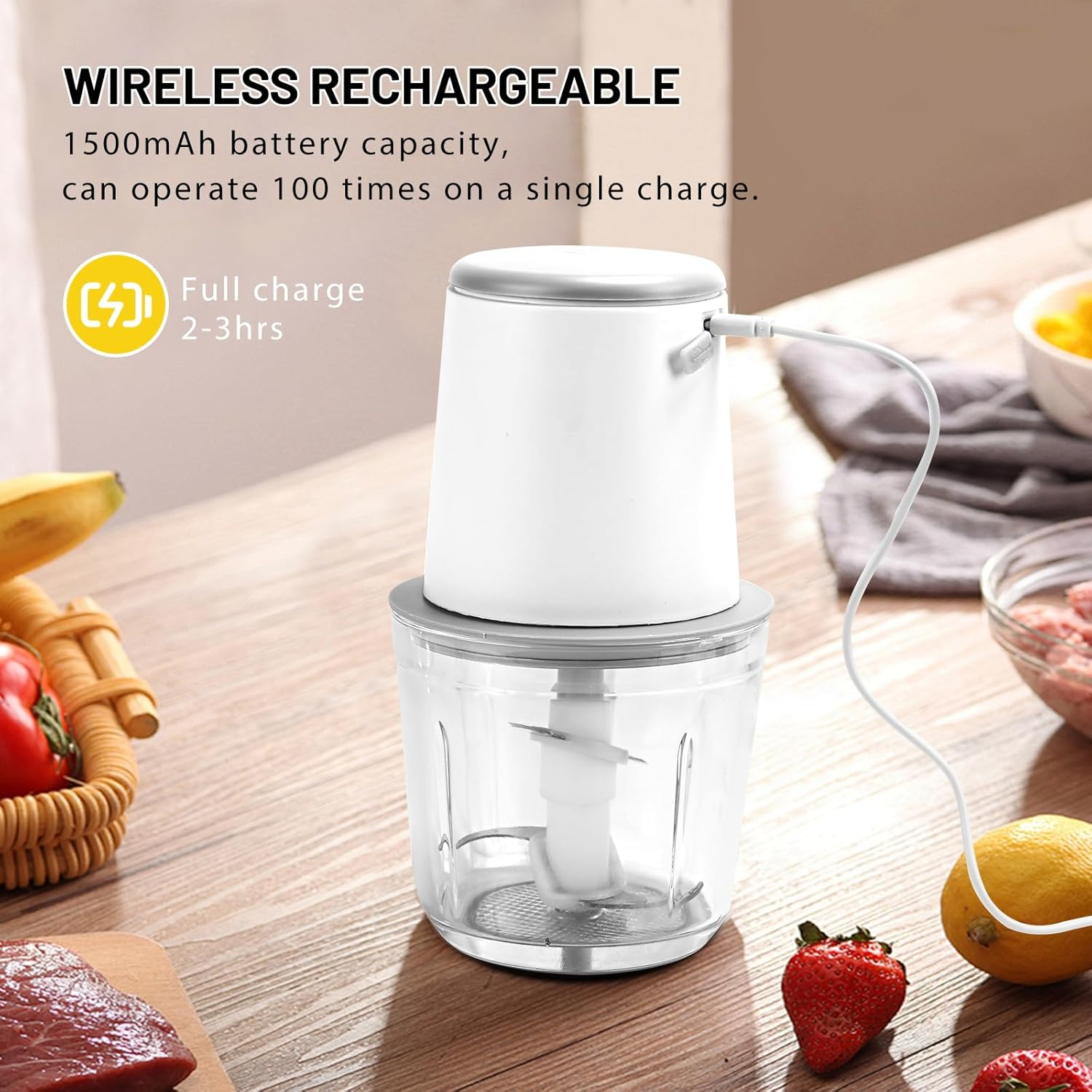 Congeowe Rechargeable Mini Food Processor, 2-In-1 Electric Chopper with 2 Glass Bowls (600ML+300ML), Cordless Vegetable Chopper for Onion, Garlic & Baby Food Maker