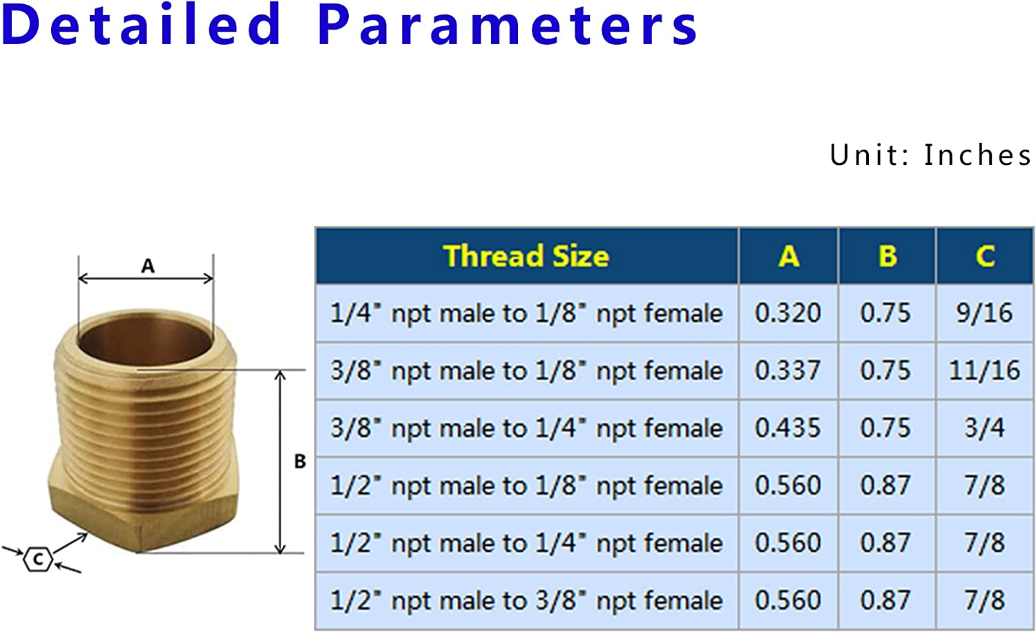 NPT Bushing Brass Hex Reducer Reducing Pipe Adapter Fitting 1/2" NPT Male X 1/4" NPT Female Thread 5Pcs image number 2
