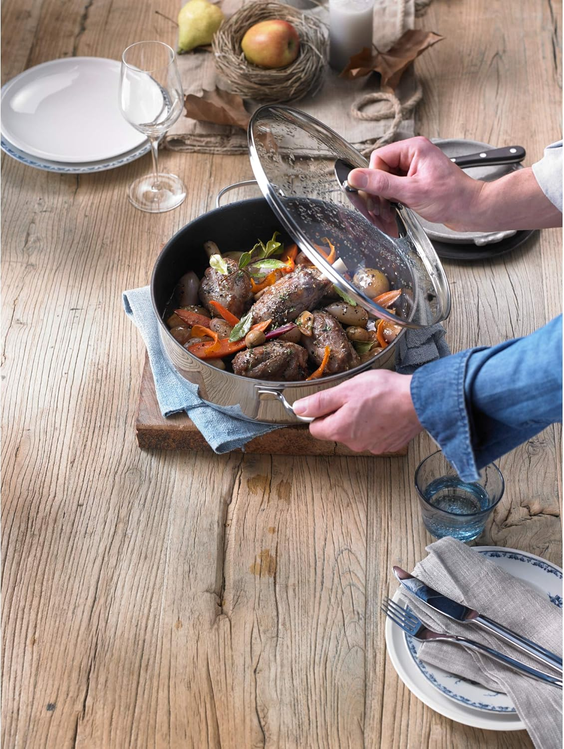 WMF Saut&eacute; Pan 28 Cm Induction Casserole Dish with Lid 5.0 L Cromargan Stainless Steel Coated, Oven-Safe, High Rim image number 1