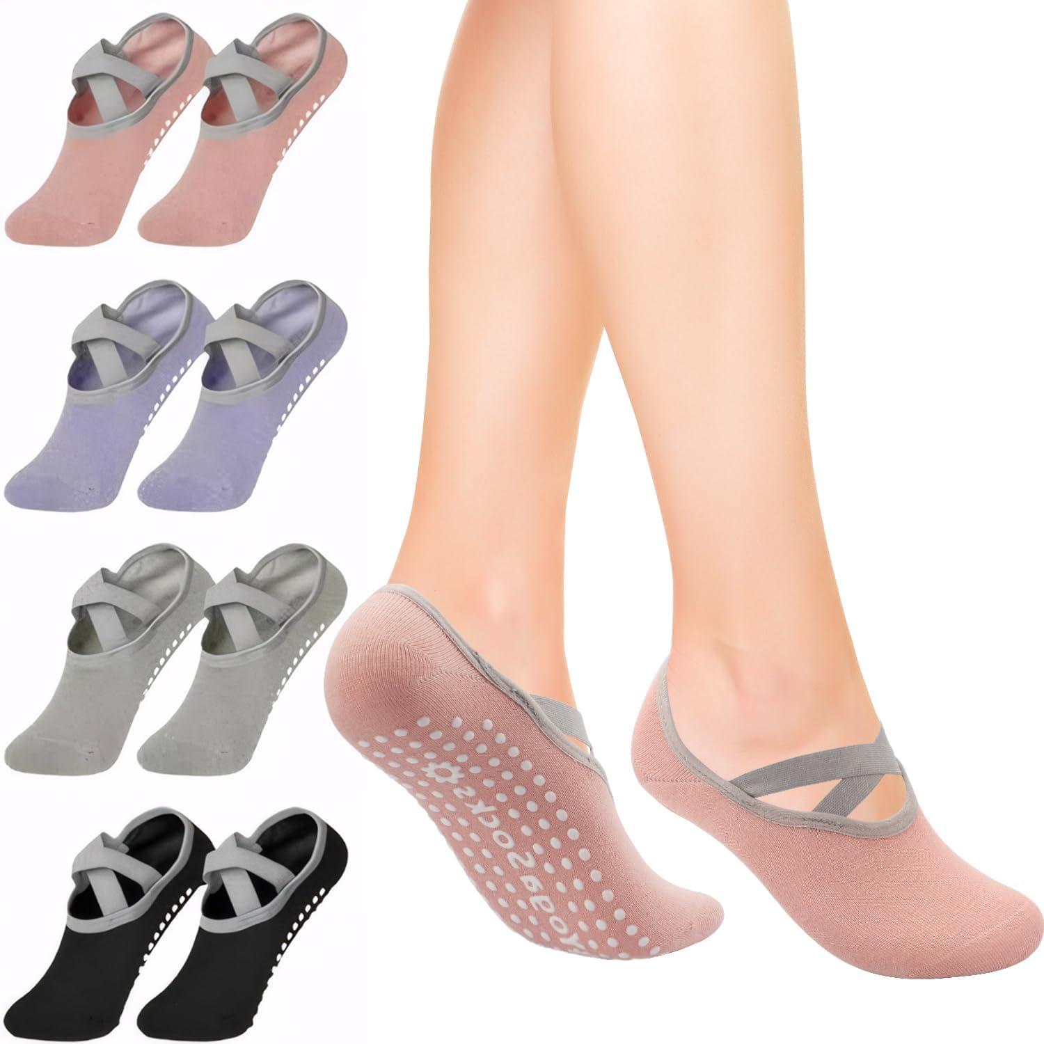 4 Pairs Yoga Pilates Socks with Adjustable Straps,H HOME-MART Non-Slip Grip Socks for Women'S Secure Comfortable Fitness Workouts image number 5