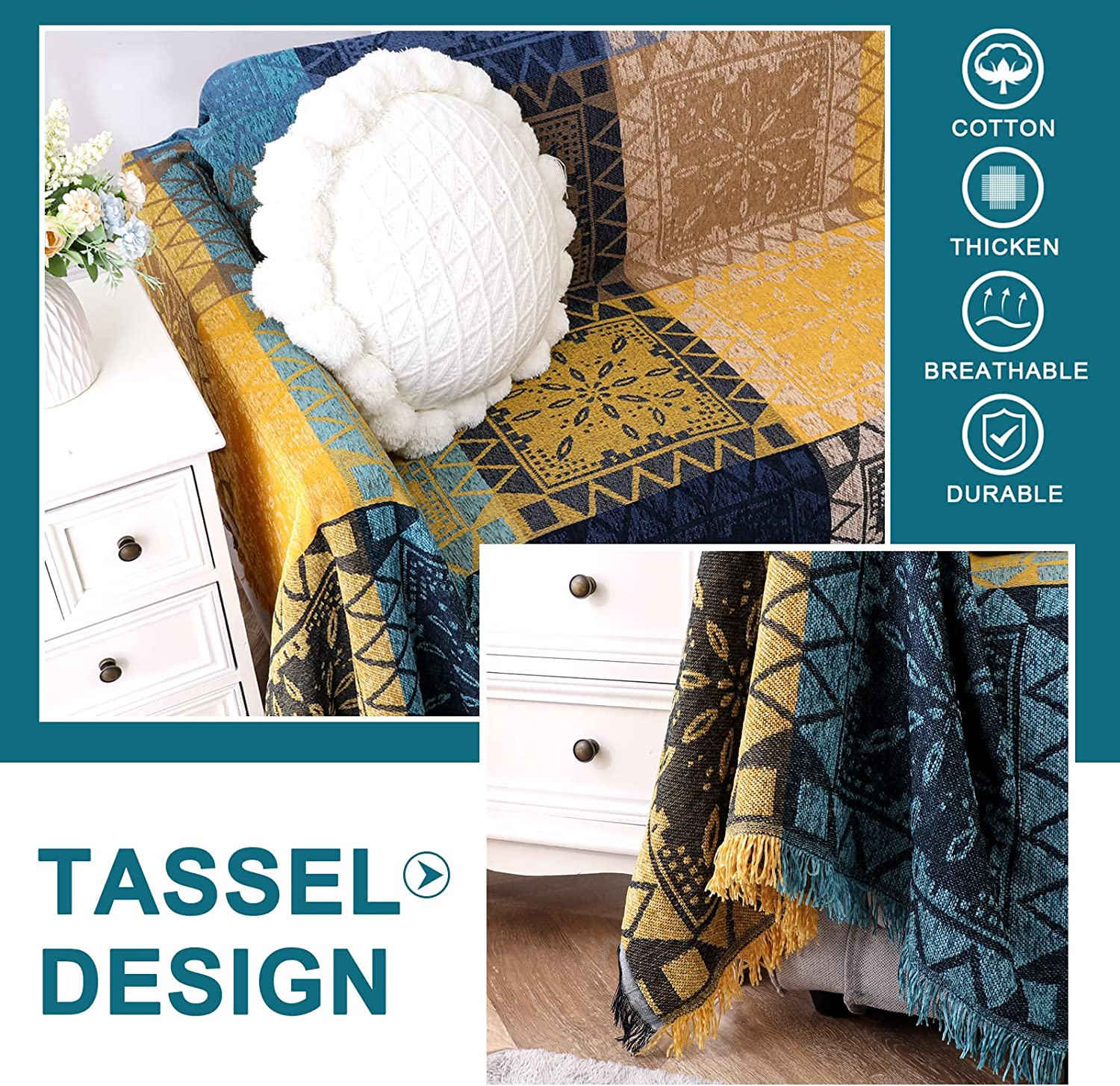 H.VERSAILTEX Boho Couch Cover Bohemian Cotton Sofa Cover Sofa Throw Cover for Couches Washable Sofa Couch Covers for Dogs Feature Hippie Chenille Jacquard Fabric(230Cm X 340Cm, Xx-Large, Yellow Navy)