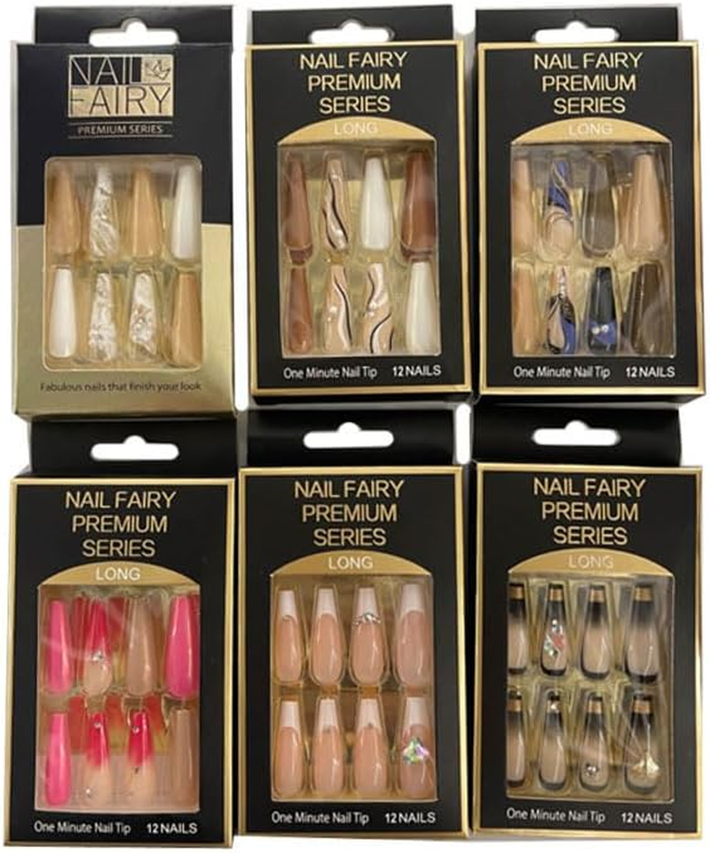 [6PK] LYLAC Press-On Nails, 12 Pieces, Long Length with Decorative Designs