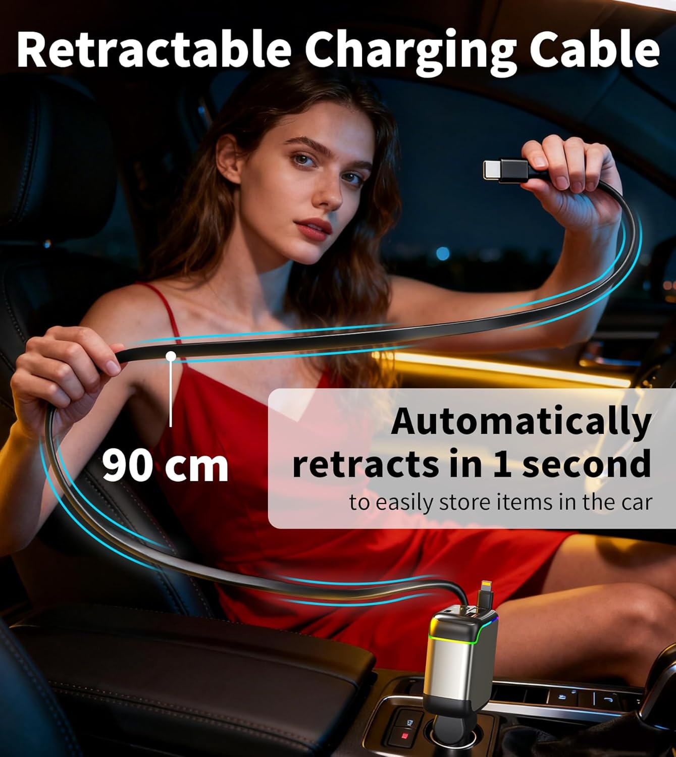 XXZU 137W Retractable Car Charger with 90Cm Built-In Cables, Fast Charging Car Phone Charger with Voltage Display, USB-C/USB-A with PD, Car Adapter Compatible with Iphone, Galaxy, Macbook, Ipad image number 4