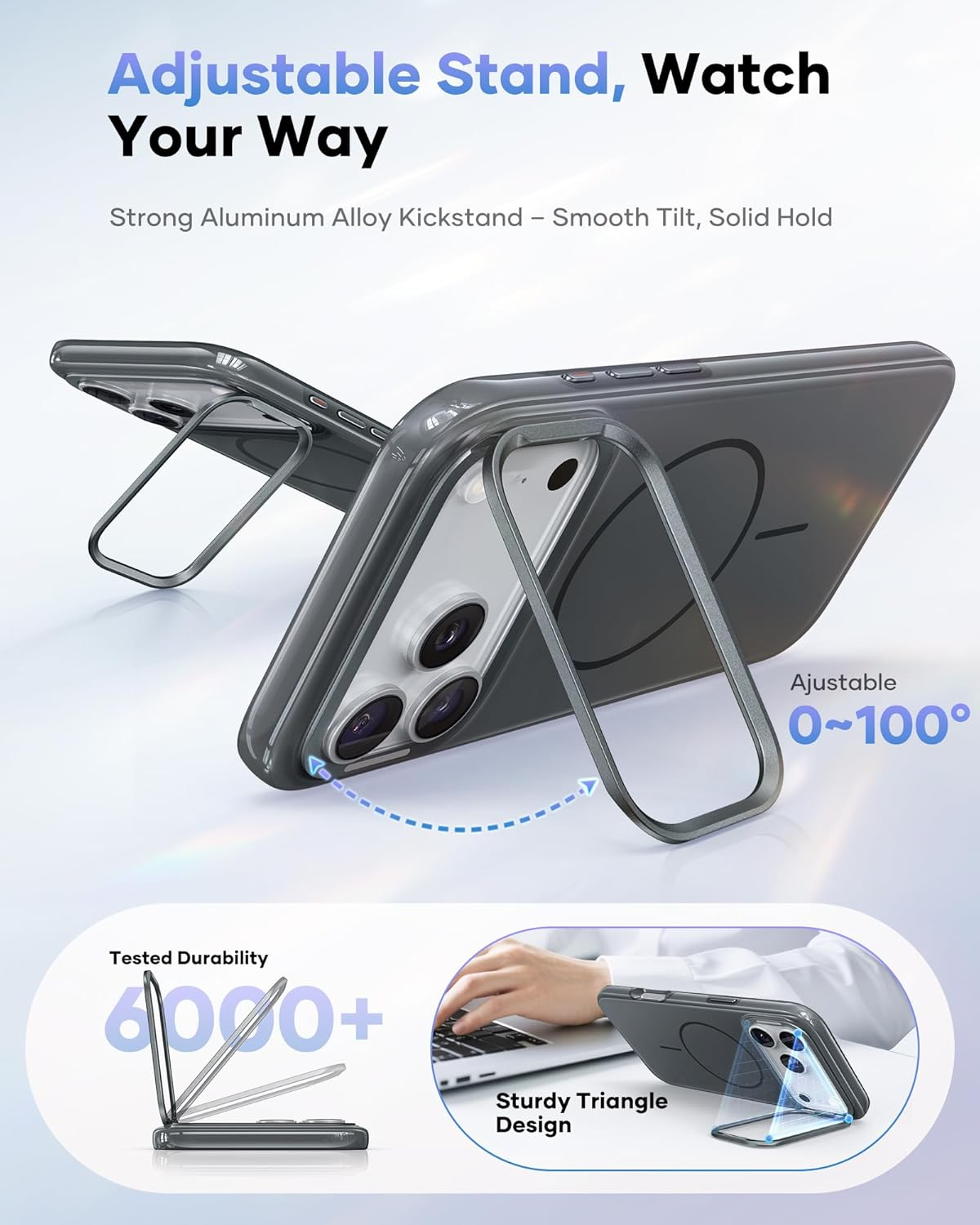 Vihibii for Iphone 17 Pro Max Case with Adjustable Stand, [Compatible with Magsafe], Fade-Resistant Glow Stylish Slim, Shockproof Sturdy Back Cover & Silicone Edges Phone Cover Case, 6.9" 2025, Grey - Purple image number 4