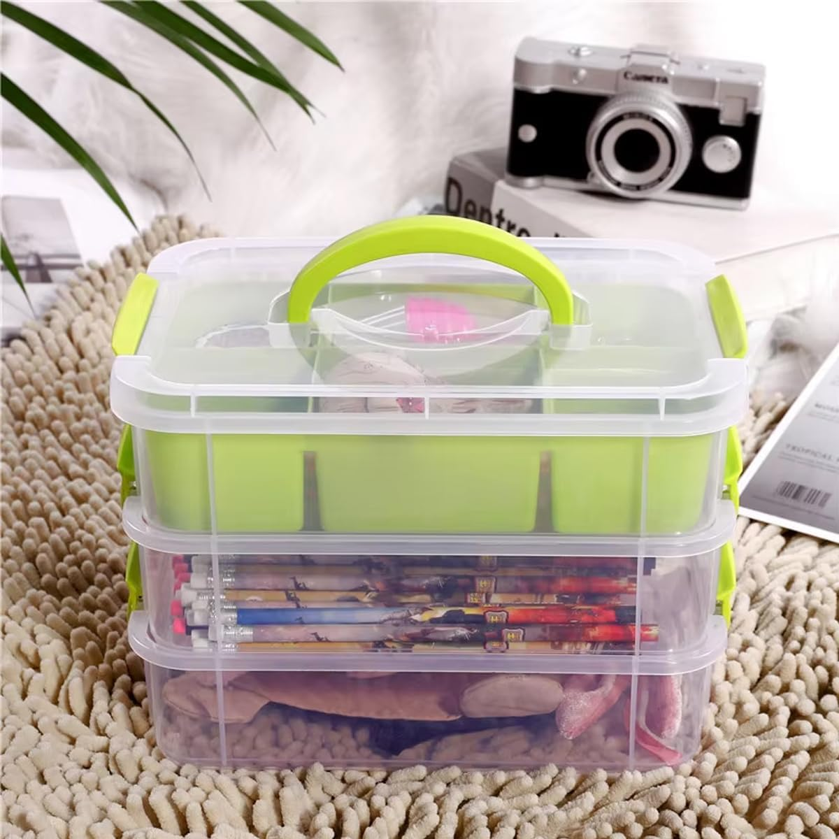 AIMALL 3-Layer Small Storage Box with 1 Inner Compartment, Green,  & Toy Organizer, Stackable Drawer for Toys and Small Parts, 10.23X6.96X7.48 Inches image number 1