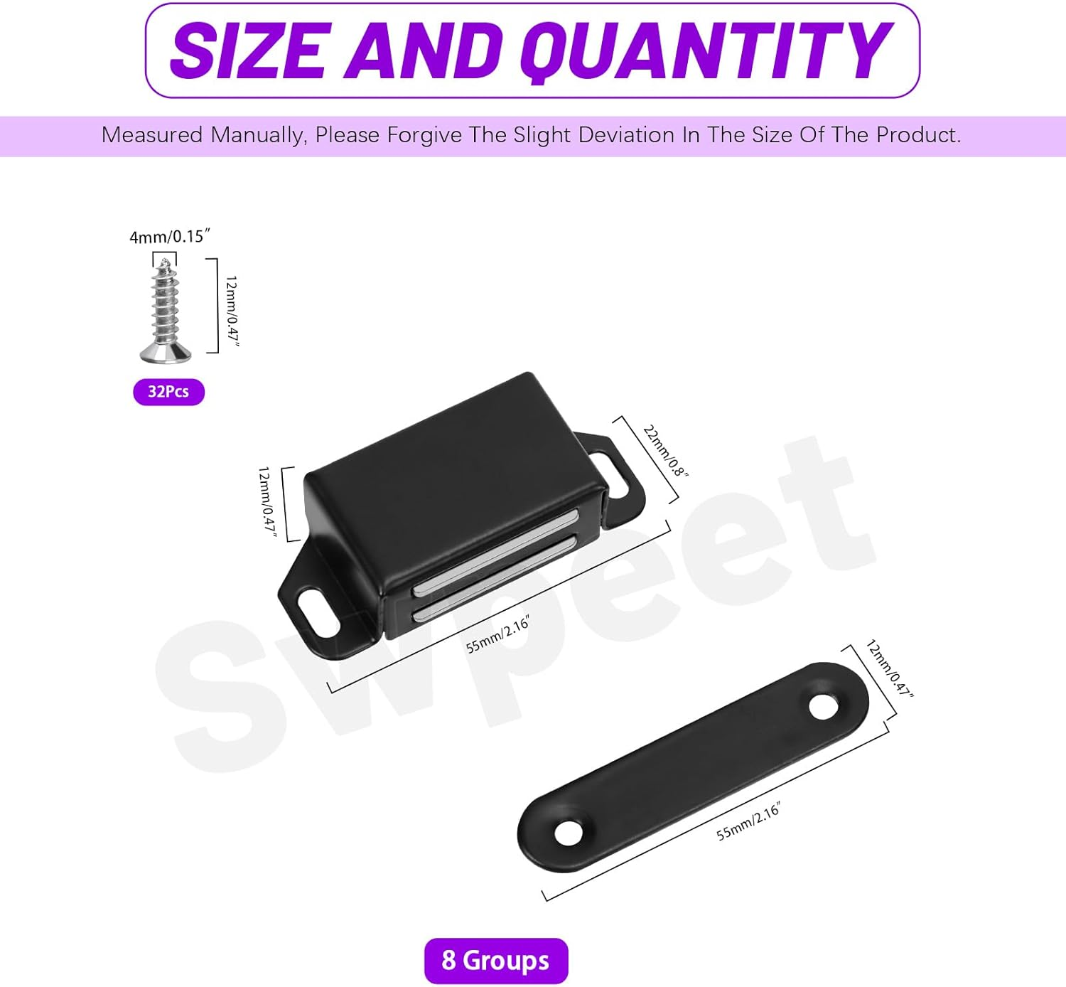 Swpeet 8 Pack 2.16" X 0.8" Black Medium Stainless Steel Cabinet Magnetic Catch with Screws Assortment Kit, Strong Door Magnetic Catches for Door Kitchen Cupboard Closure Closet Door Closer image number 5