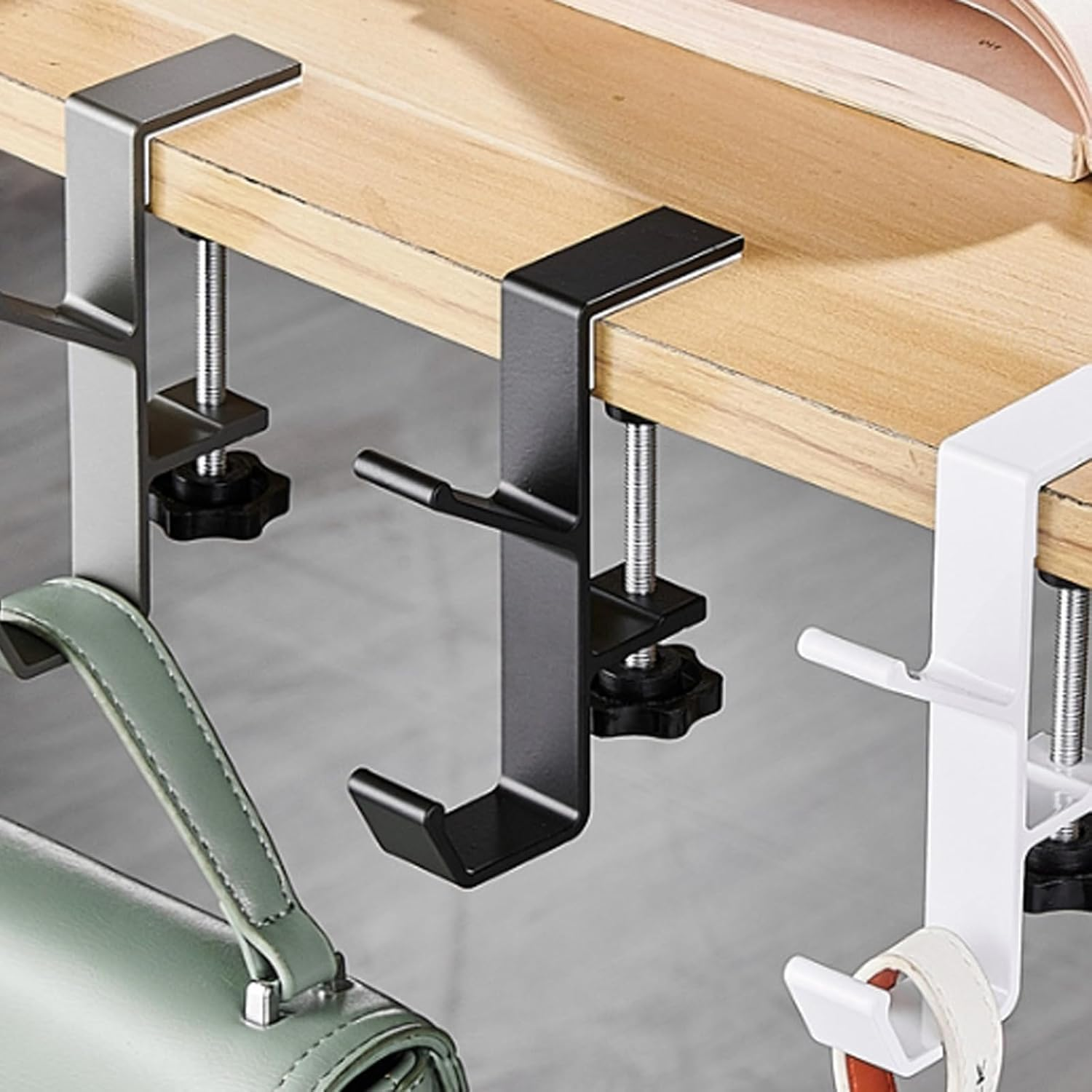 Desk Mount Bag Holder Hook Clamp, 2Pcs Clamp-On under Desk Backpack Hanger, Desk Mount Bag Holder Hook Clamp on Backpack Hanger with Adjustable Arm Clamp, Reduce Desktop Clutter,Double Hanger, White - White, Double Hanger image number 4