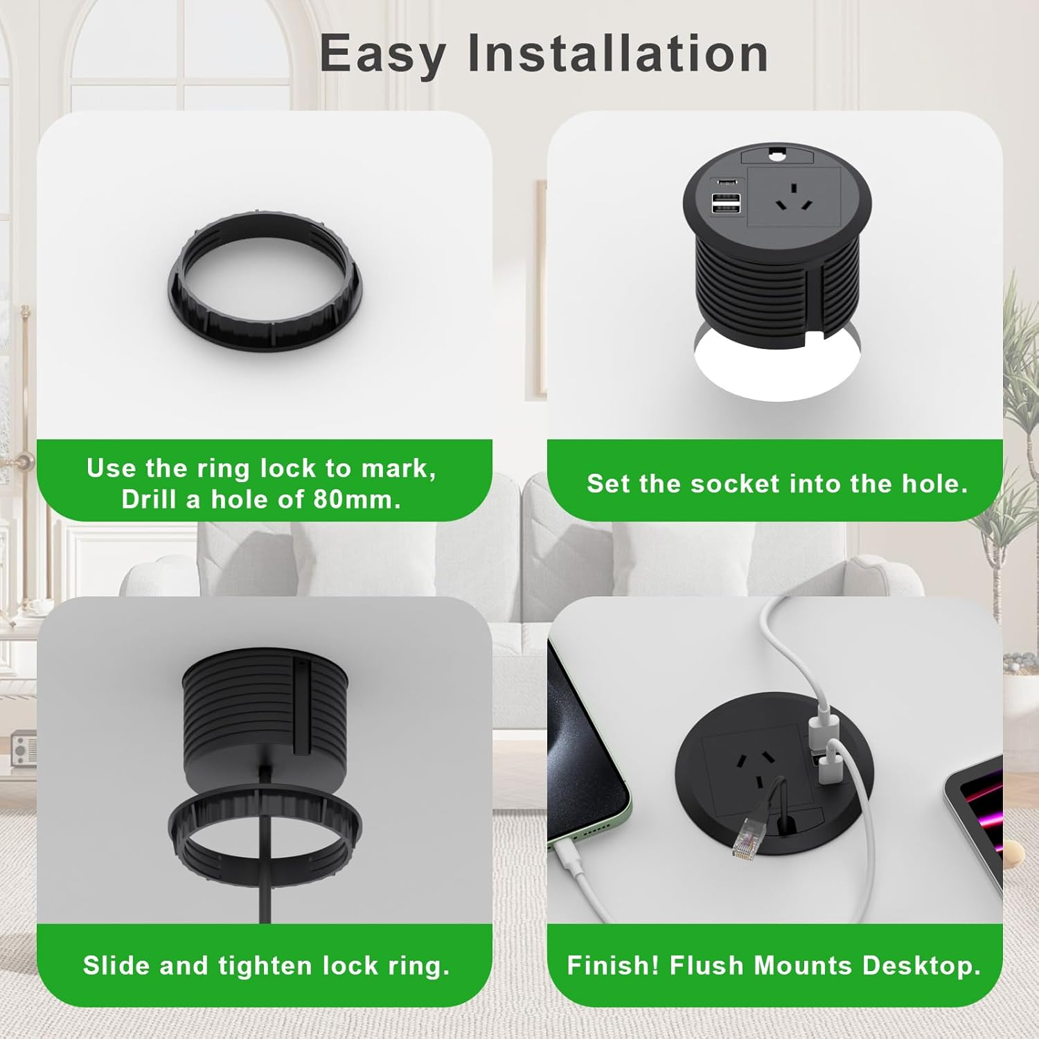 Desk Power Grommet, Haiaoyyds Recessed Power Board with AC Outlets, PD 20W USB C Port, 2 USB a Ports, 2M Cable, 80Mm Hole Grommet, Furniture Power Board for Home Office Workshop, Black image number 1