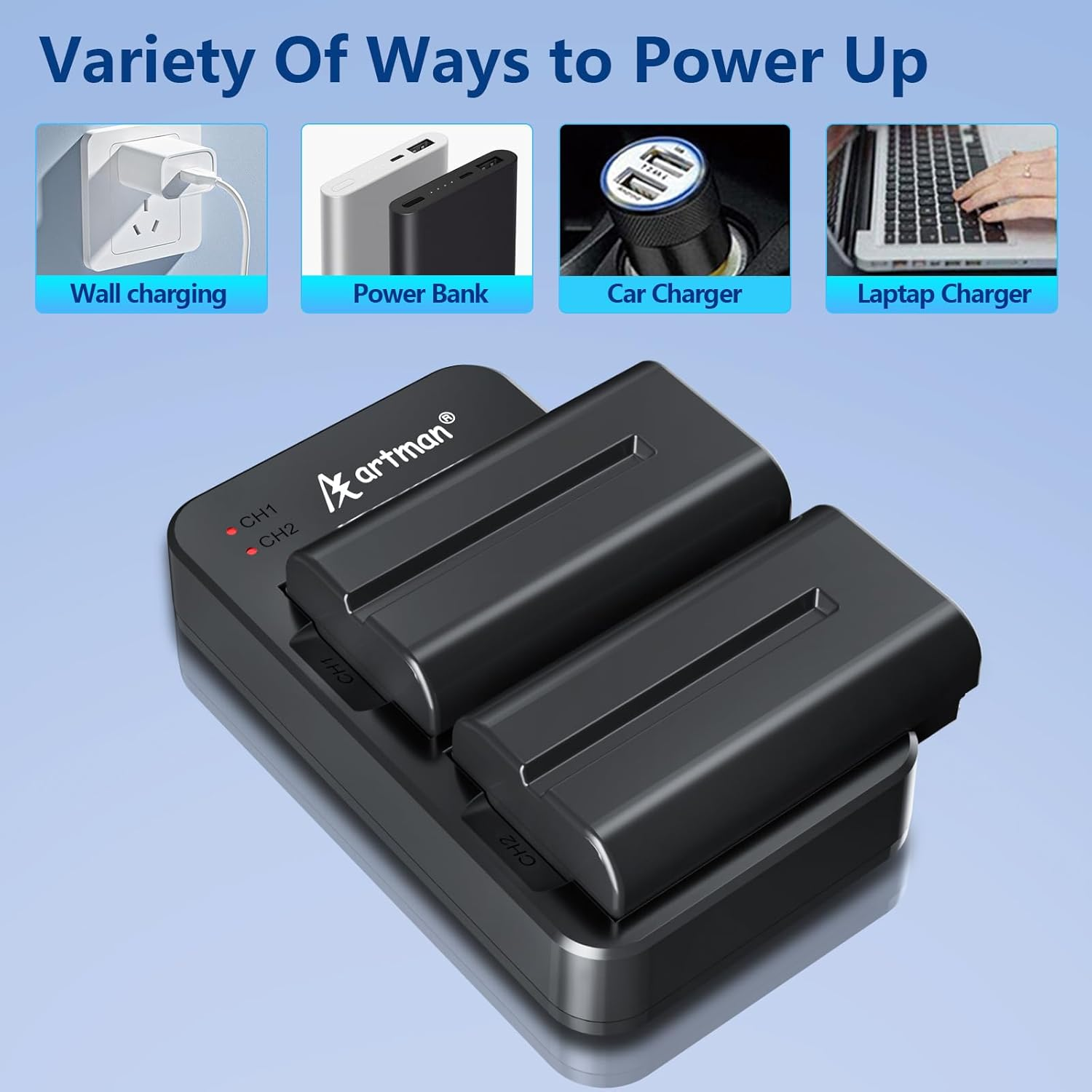 Artman NP-F550 Battery and Dual USB Charger for Sony NP-F970 F750 F550 F330 F530 F570 F770 F960, CCD-SC55, TR516 TR716 TR818 TR910 TR917, Battery for LED Light, Monitor, Camera Slider (2-Pack 2900Mah) image number 3