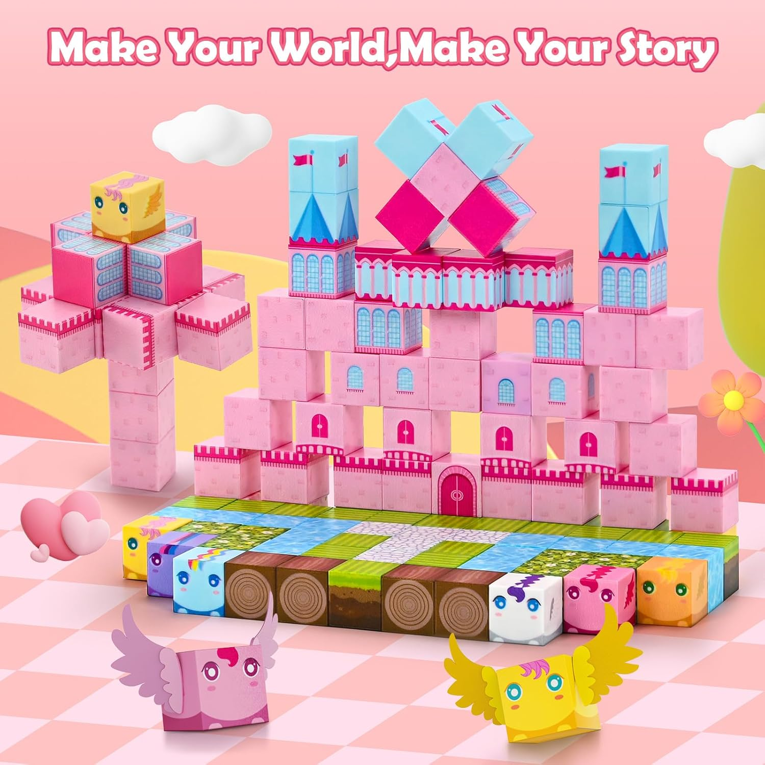 Magnetic Blocks for Girls Toys - 100PCS Magnet Castle Building Set, Sensory Toys for Toddlers, Magnetic Tiles Toys Gifts for Kids Age 3+, Fidget Cubes Construction Toys for Christmas, Birthday image number 2