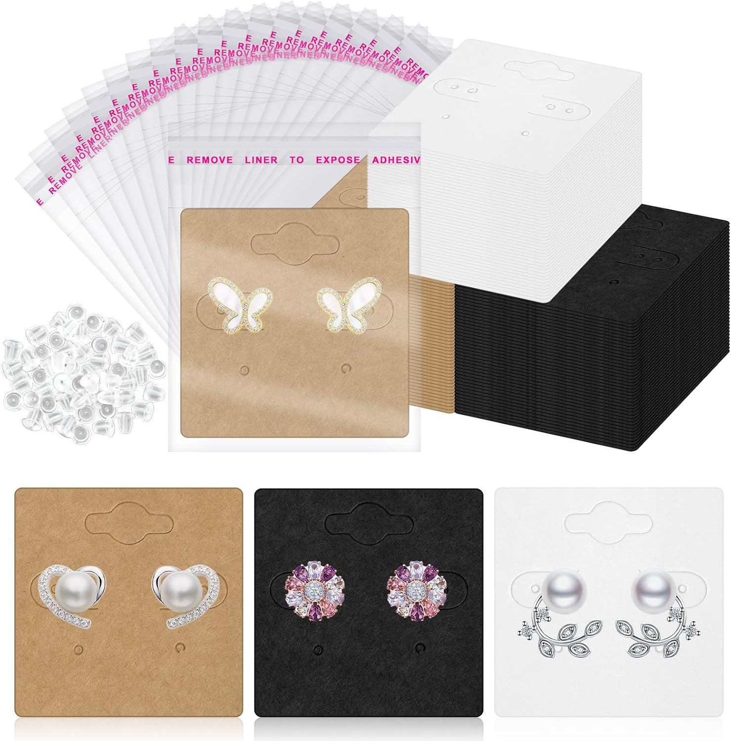 Tanstic 800Pcs Earring Cards with Earring Backs and Self-Sealing Bags Kit, Earring Display Cards Earring Holder for Selling Earring Jewelry Display(White/Black/Brown)-25 X 35Mm/1 X 1.37 Inch