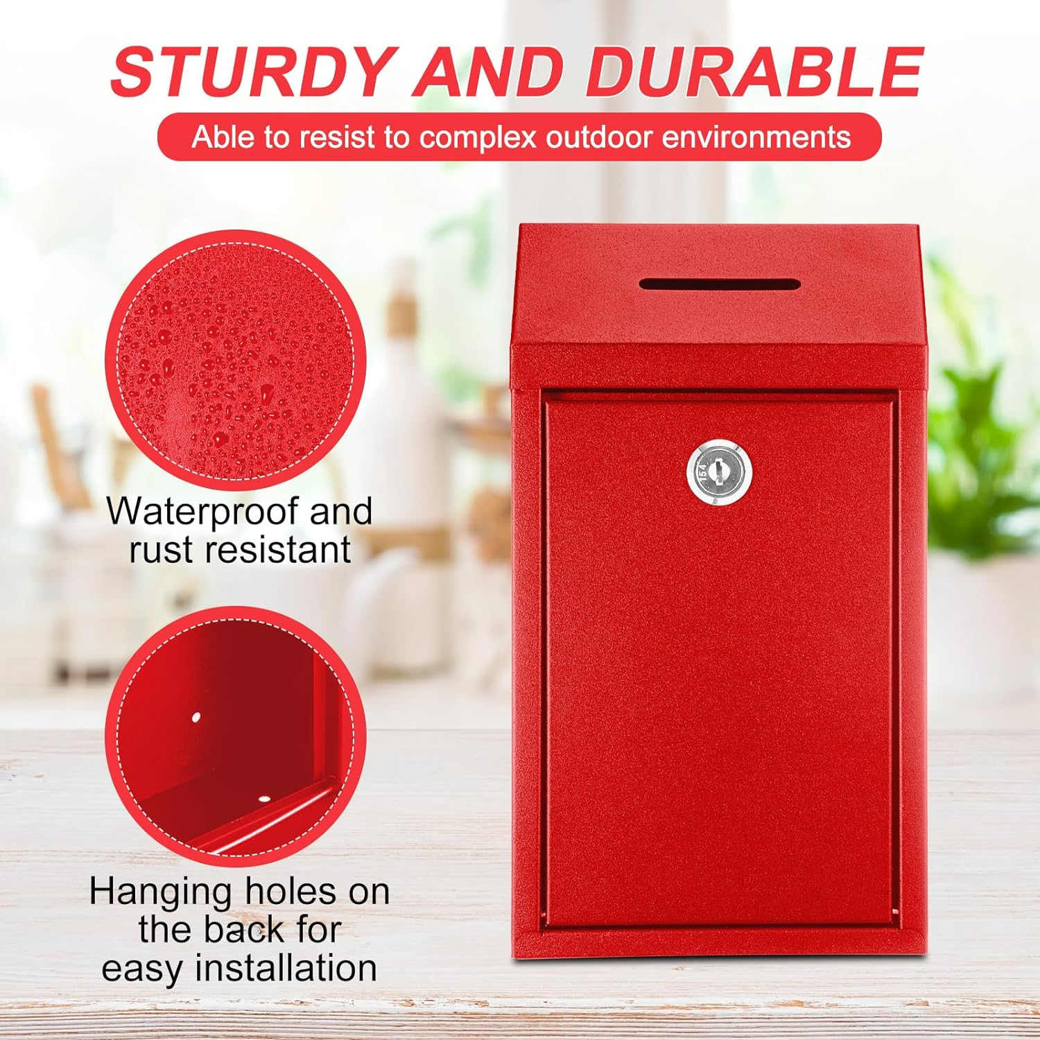 Metal Donation Cash Box Collection Safe Suggestion Box with Lock Wall Mounted Mailbox Delivery Ballot Container for Home Office Outdoor Door(Red) image number 6
