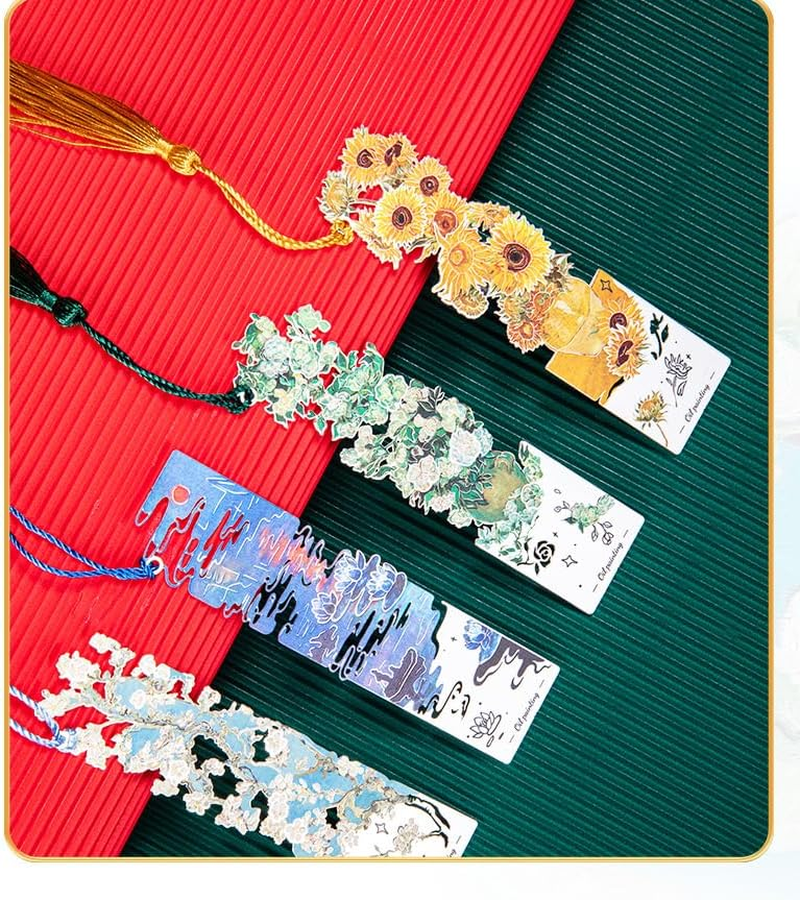 4 PCS Metal Bookmarks with Tassel for Reading Women, 4 Pretty and Beautiful Retro Floral Flower Oil Painting Design Book Page Markers for Reading image number 6