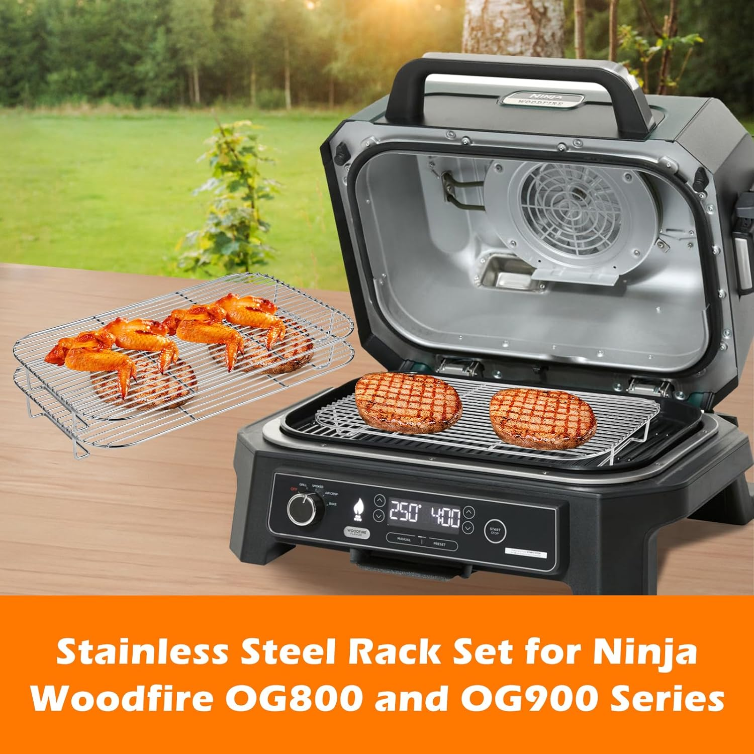 2Pcs Stainless Steel Rack Set for Ninja XSKRSTRKXL Woodfire OG800 and OG900 Series, Grill Rack Accessories for Ninja OG850 OG951 Woodfire Pro XL Outdoor Grill & Smoker image number 3