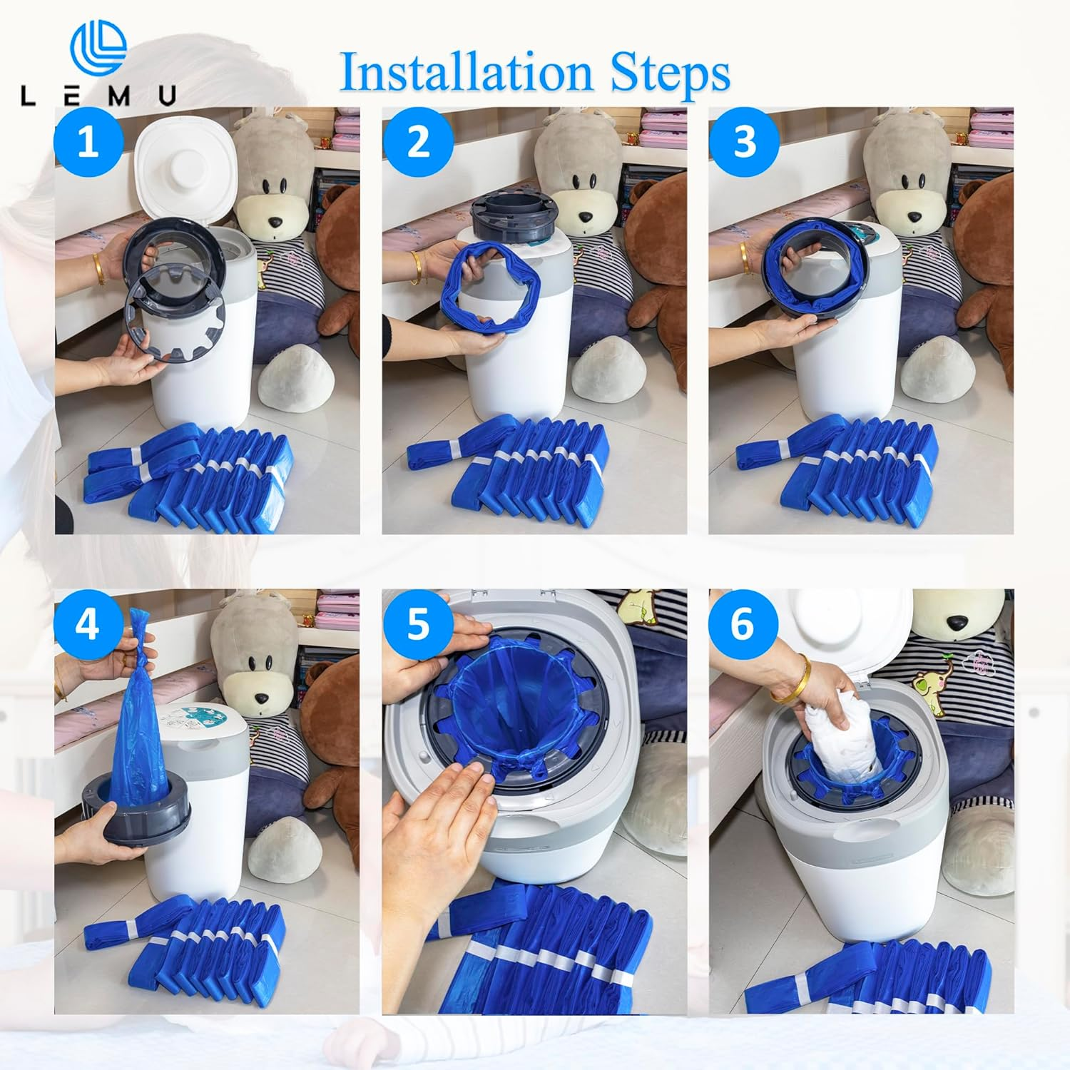 LEMU 10-Pack (10 Meters) Nappy Bin Refill Bags - Compatible with Tommee Tippee Twist & Click - 7 Layer Anti-Bacterial Odor Protection - Eco-Friendly - Cassette Not Included image number 4