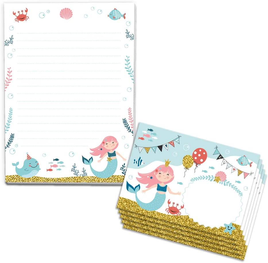 Writing Paper Set Letter Pad with Envelope for Girls Kids Mermaid Children Motif Letter Paper Pad Lined (A5 Pad with 25 Sheets + 15 Envelopes) image number 2