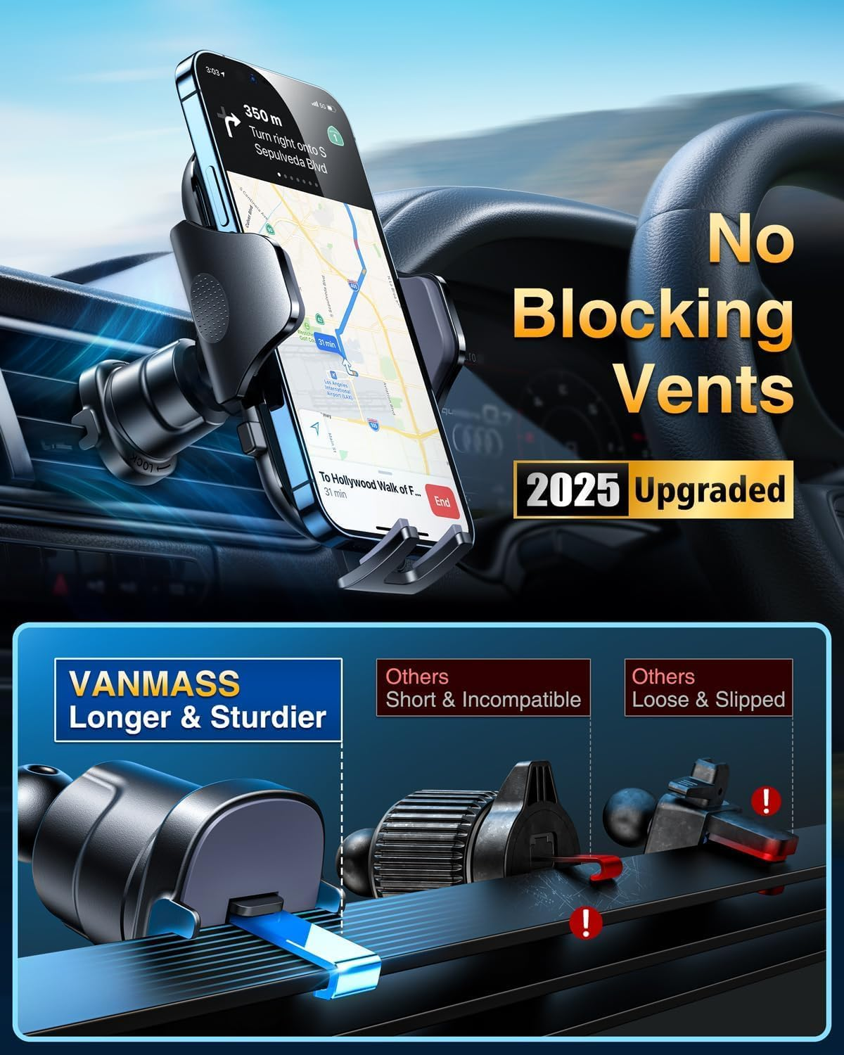 VANMASS 2025 Ultimate 85+LBS Strongest Suction & Clip True Military-Grade Phone Holders for Your Car Dashboard Windshield Vent Mount Truck Cradle Accessories for Iphone 16 15 Pro Max 14 13 Android