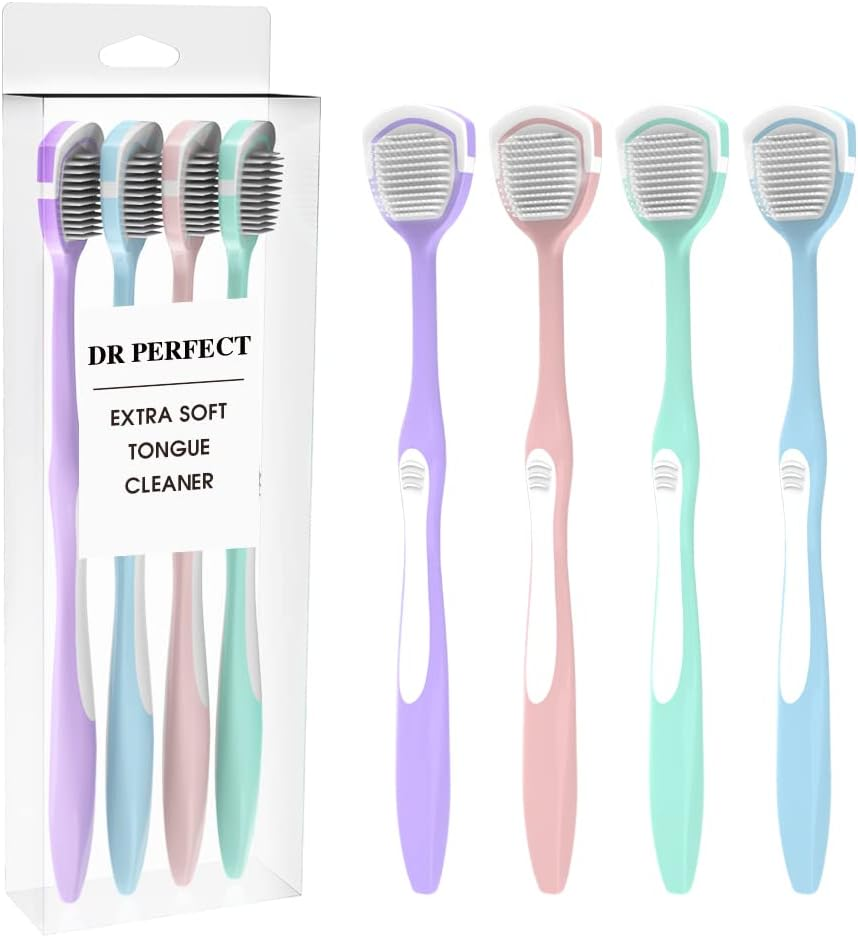 DR PERFECT Soft Tongue Brush Scraper Cleaner Helps Fight Bad Breath Clean Your Tongue without Hurt Pack of 4 (GREEN PURPLE BLUE PINK)