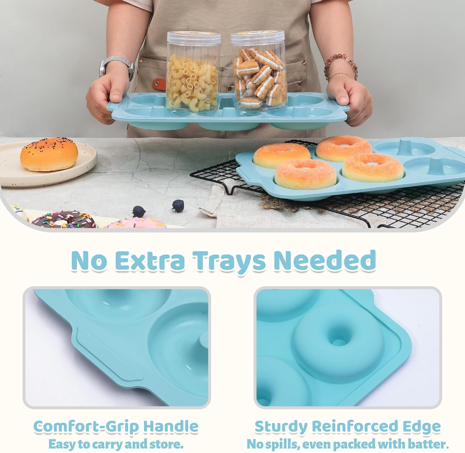 Nonstick Silicone Donut Pan: 3.5 Inch Large Donut Mold with Metal Frame - Bagel Doughnut Pan for Baking Gluten Free Glazed Vegan - for Oven Housewife Home Baker Baking Lovers (Green & Beige) image number 4