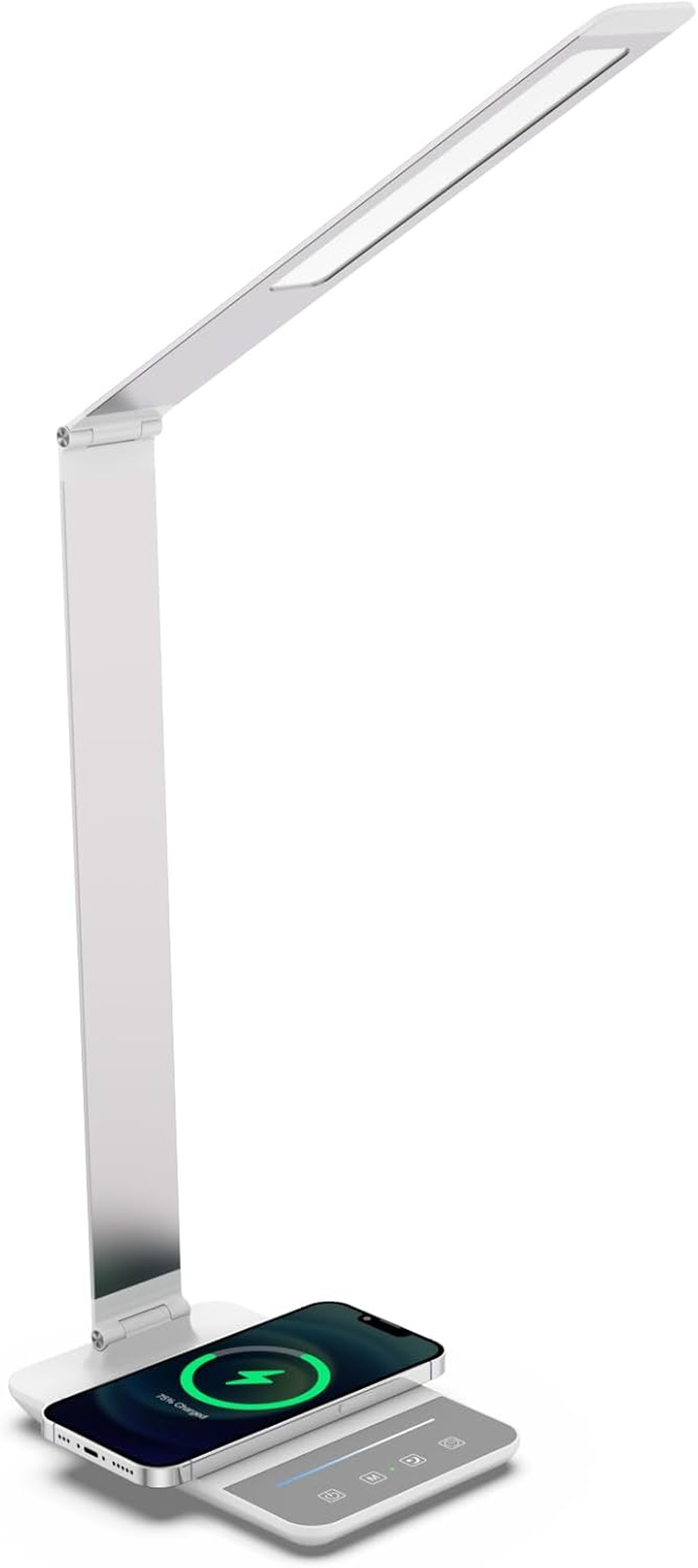 LED Desk Lamp with Wireless Charger, USB Charging Port, Dimmable Eye-Caring Desk Light with 5 Brightness Levels & 5 Lighting Modes, Touch Control, Auto Timer (White) image number 3