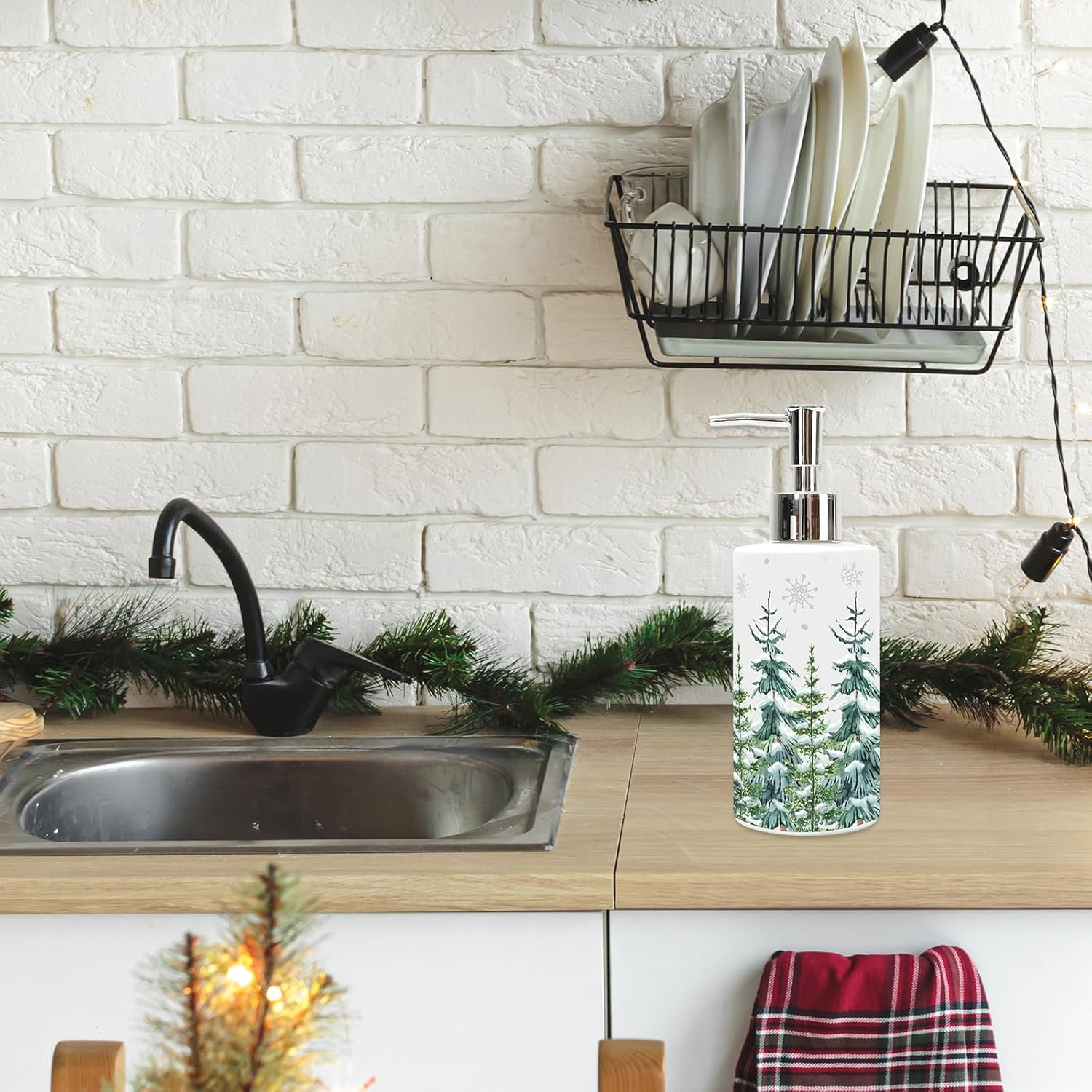 Jarthenaamcs Christmas Soap Dispenser Watercolor Xmas Tree Glass Dispenser with Pump Refillable Liquid Soap Container for Home Kitchen Bathroom Countertop image number 6