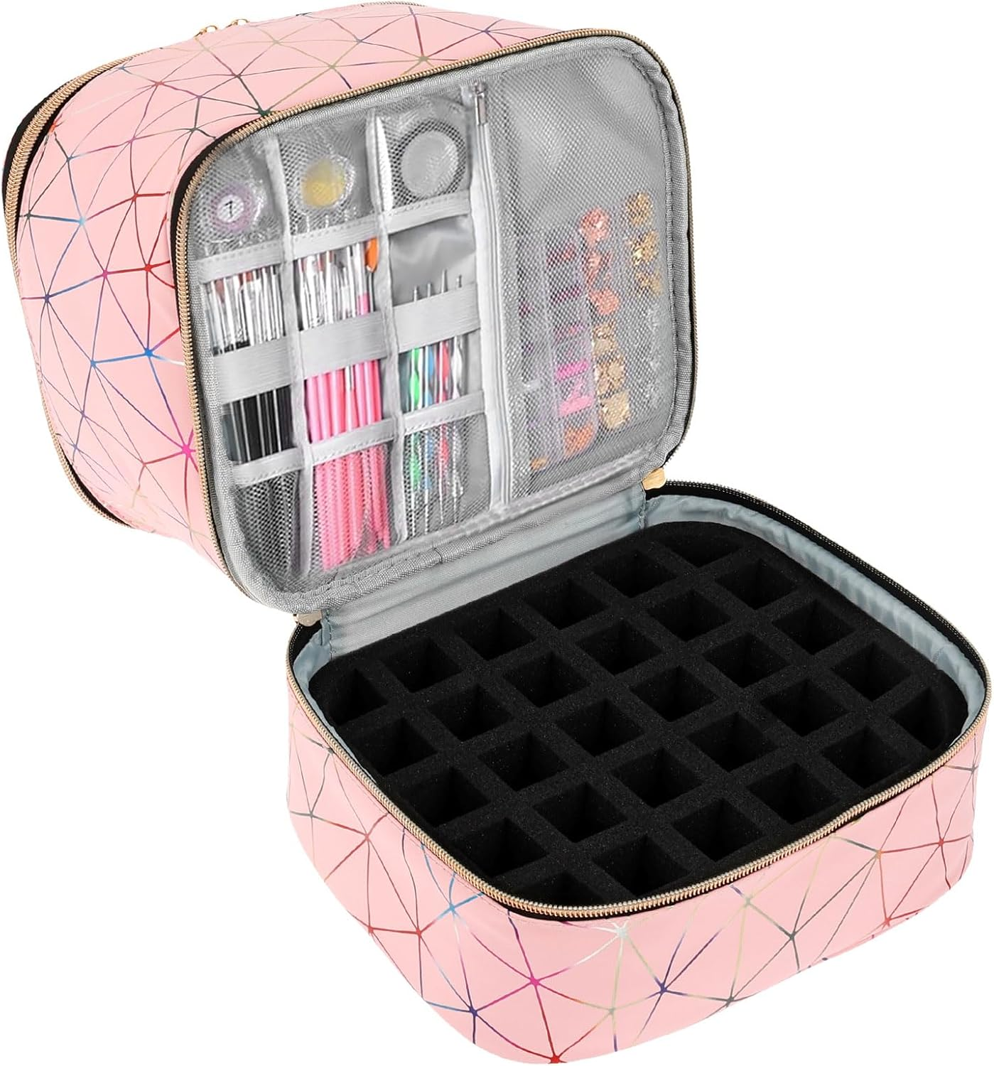 UKQRRTC Holographic Nail Polish Organizer Bag, Zipper Closure, Double Layers Nail Supplies Storage Box for Home Travel Salon image number 2