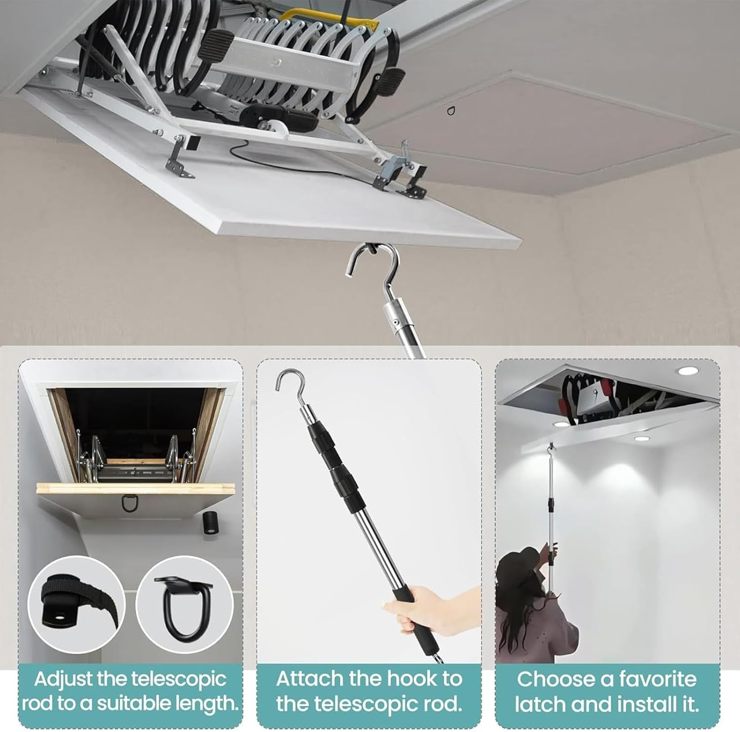 Attic Hook and Pull - Attic Pull down System Telescopic Handle - Adjustable Heavy Duty Ladders Release Tool for Canopy Cargo Garage Window Awning Curtains image number 5