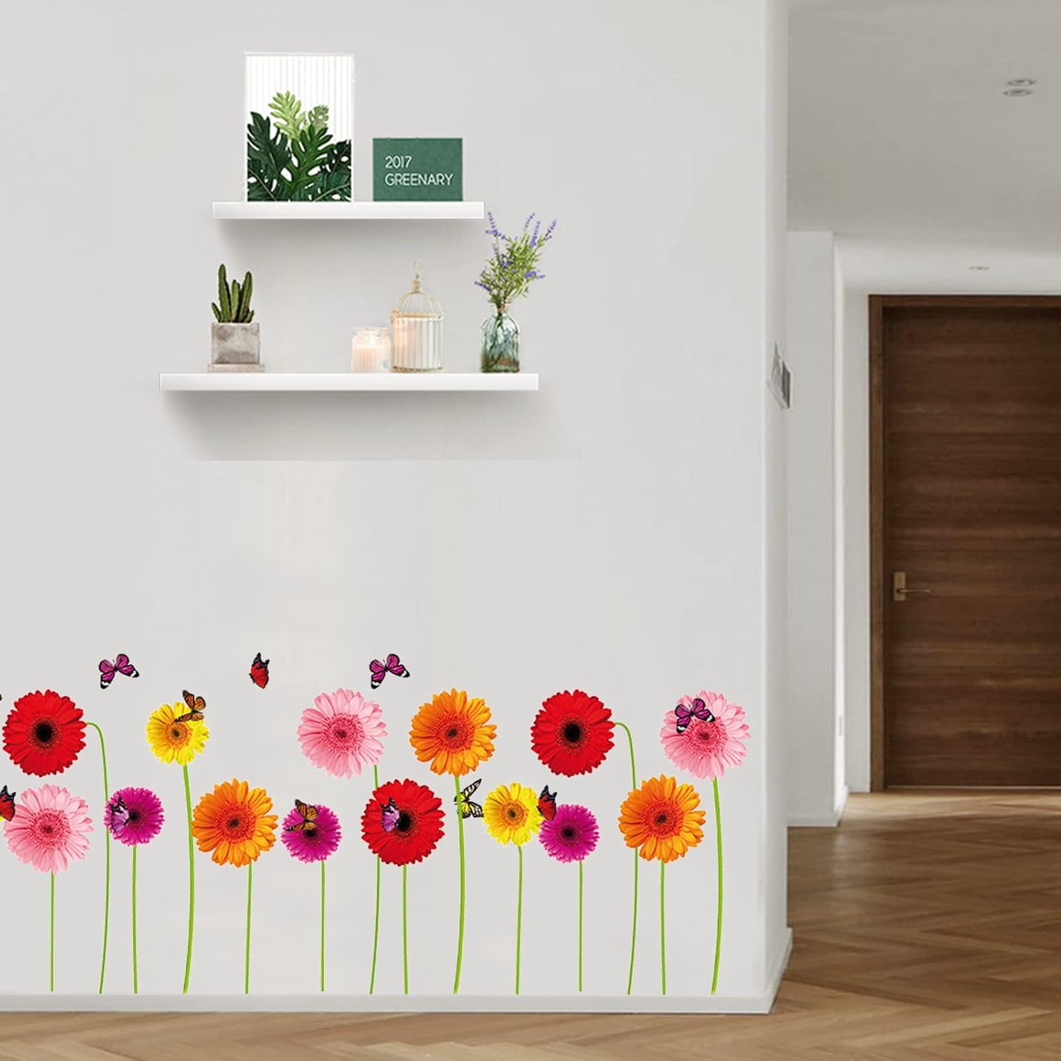 Maydahui 2 Sheets Gerbera Daisy Flowers Wall Decal 3D Floral Butterfly Wall Stickers (30*37 Inch) Peel & Stick Removable Modern Art Mural Decor for Kitchen Kids Bedroom Living Room( Pink,Red,Yellow,Orange) image number 1